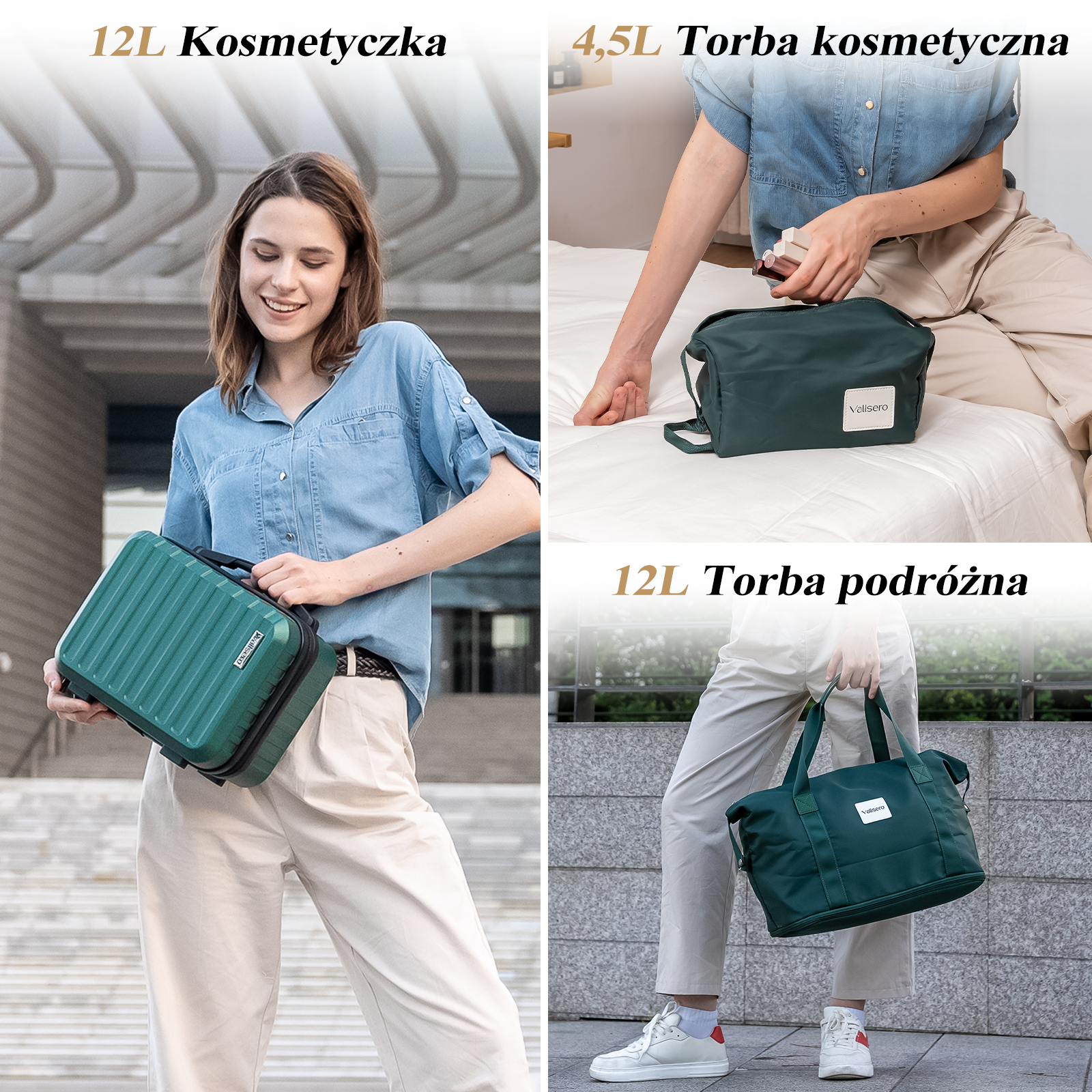 Trzy zdjęcia prezentujące zielone kosmetyczki. Kobieta trzyma walizkę, osoba na łóżku z torbą i kolejna z torbą podróżną.
