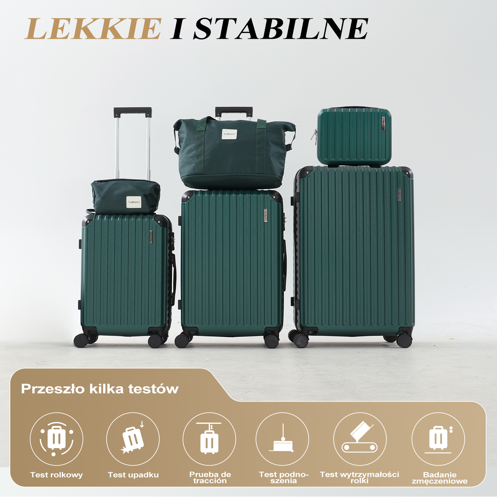 Zielony zestaw bagażu, w tym walizki i torby. Tekst: Lekkie i Stabilne. Ikony przedstawiają różne testy.