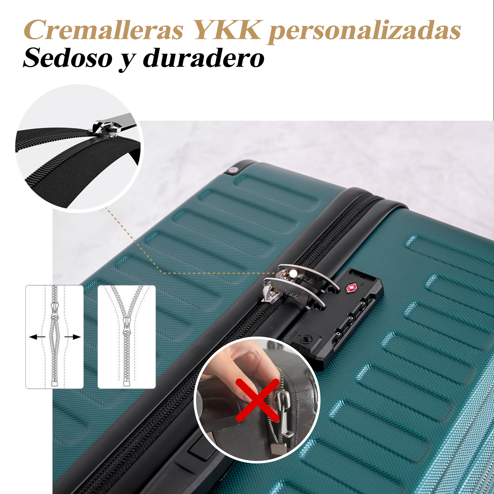 Primer plano de una maleta verde azulado con cremallera y cerradura negras. Una imagen muestra una mano con una cruz roja, lo que sugiere que la cremallera no funciona.