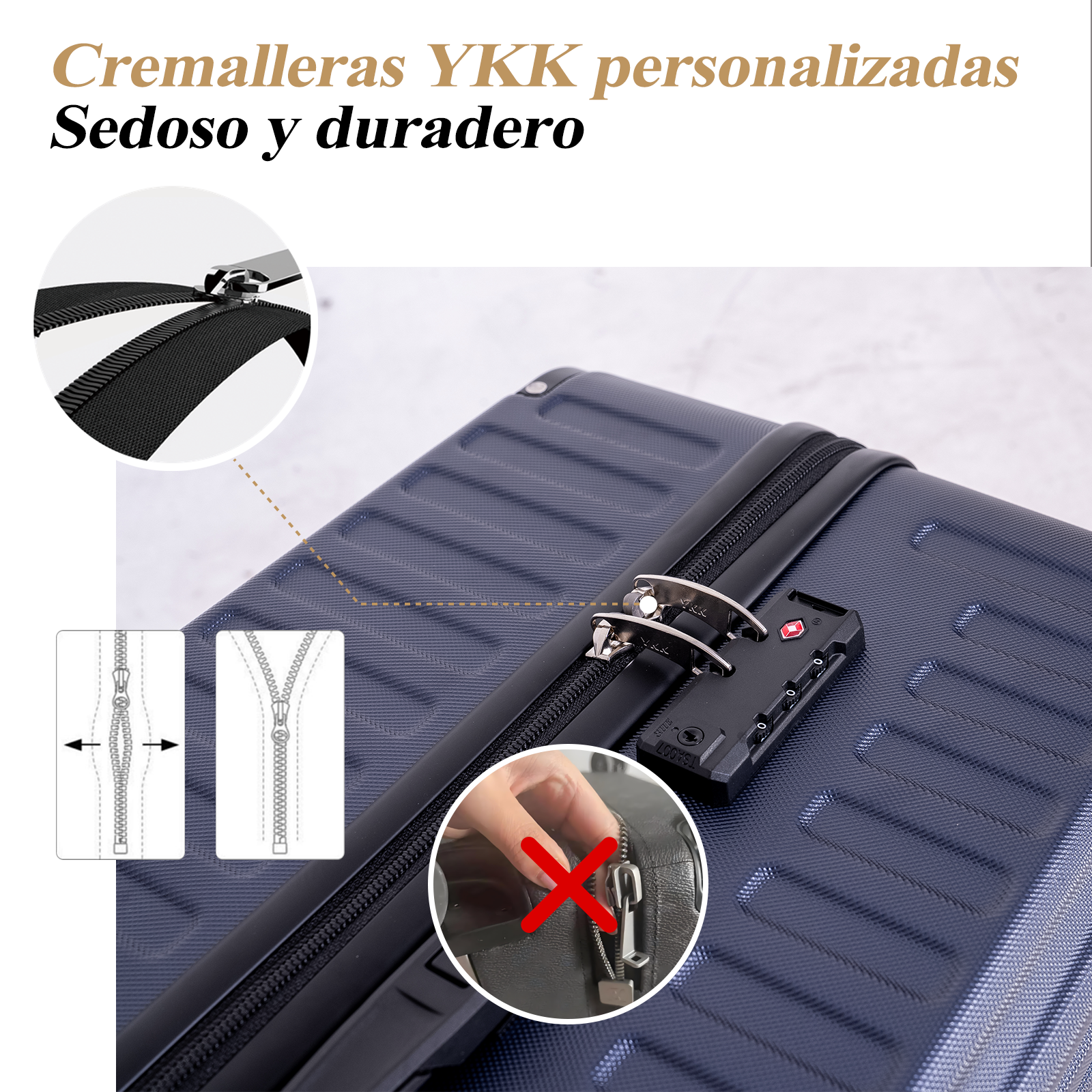 Primer plano de una maleta con cremallera y cerradura. Los detalles incluyen un primer plano de la cremallera, diagramas y una mano con una cruz roja sobre una cremallera.