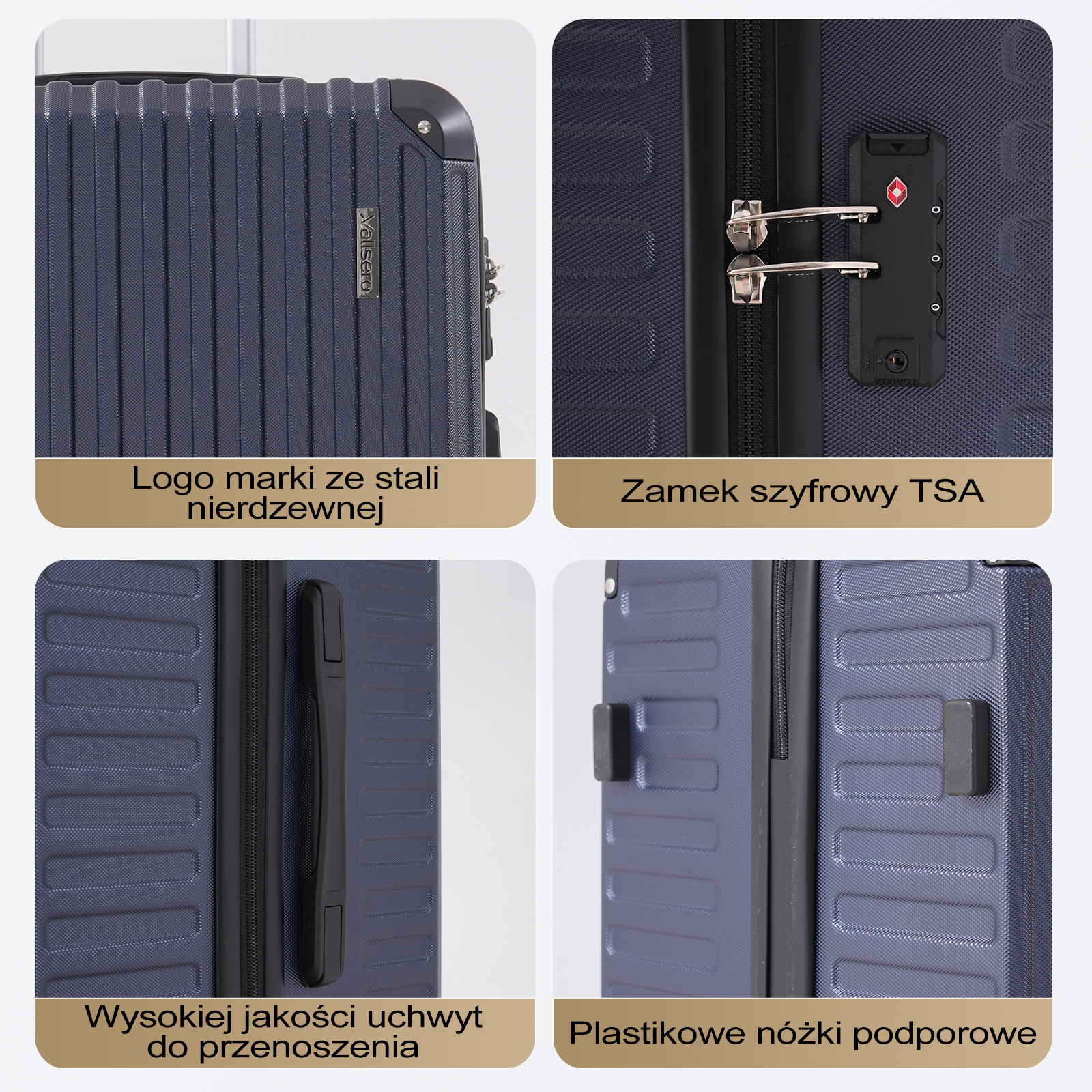 Zbliżenie granatowej walizki ze szczegółami: logo, zamek TSA, uchwyt i nóżki. Walizka ma pionowe linie.
