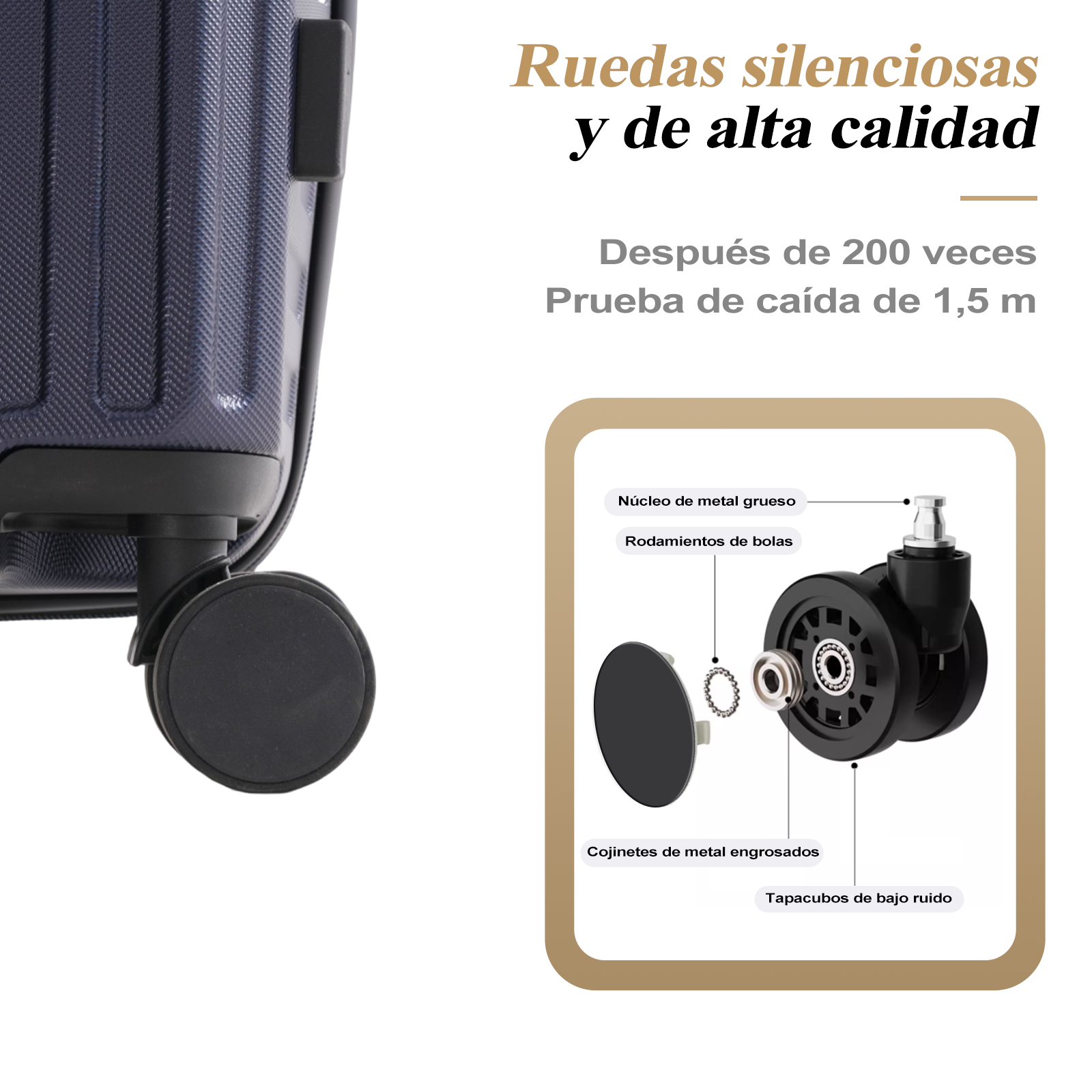 Primer plano de una rueda de maleta. El texto en español describe las ruedas como silenciosas y de alta calidad. Se muestra una vista explosionada de la rueda.