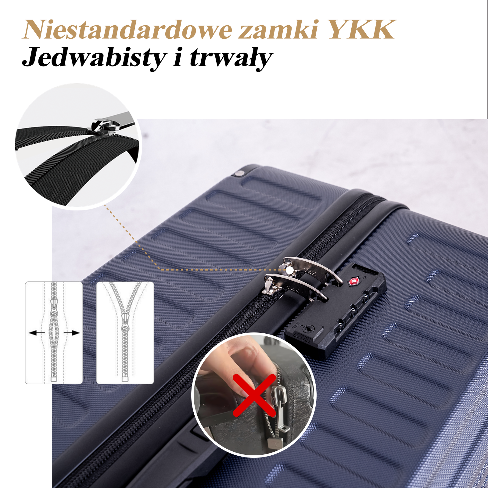 Walizka z czarnym zamkiem błyskawicznym i zamkiem szyfrowym jest pokazana ze zbliżonymi szczegółami, w tym odrzuconym zamkiem błyskawicznym.