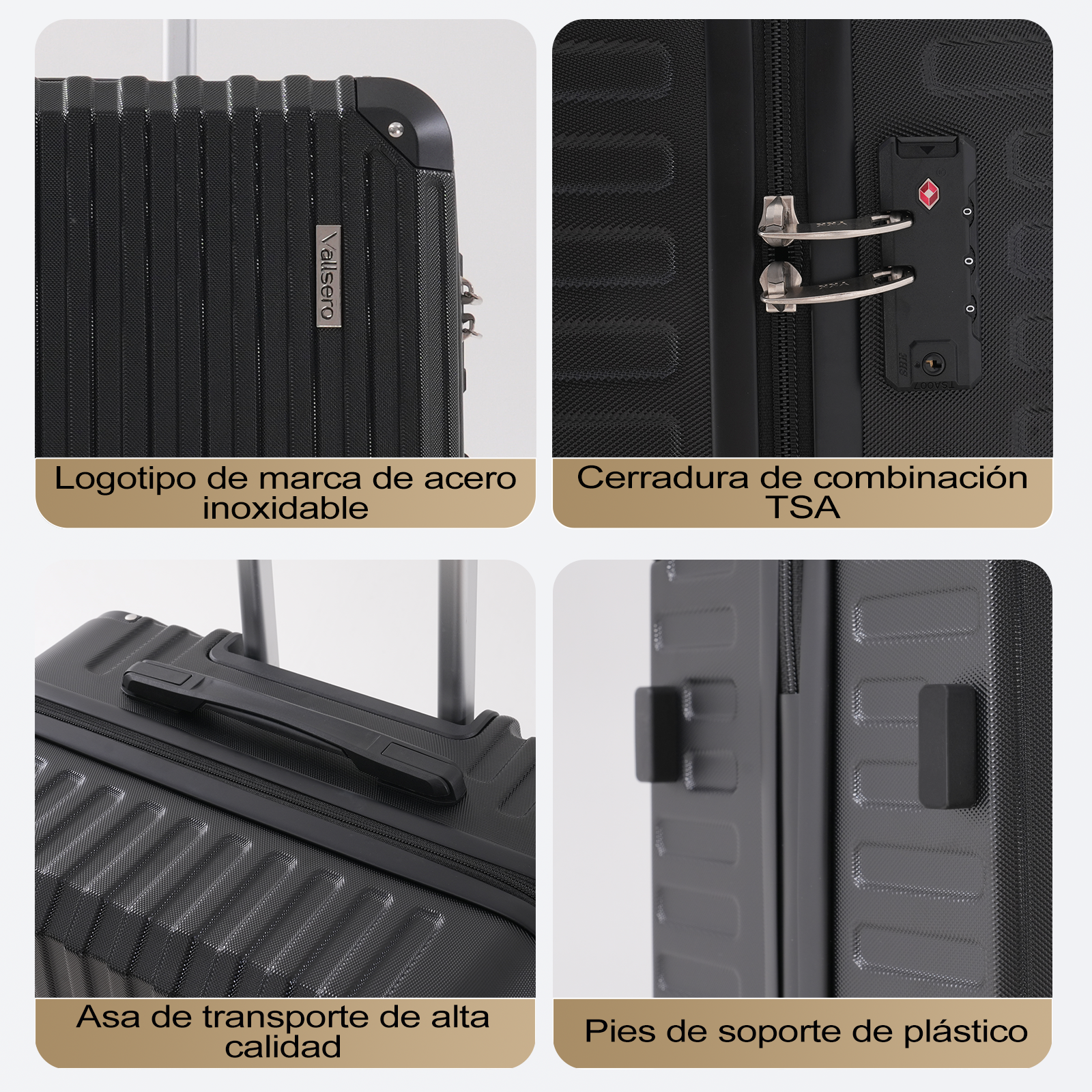Maleta negra con asa, cerradura y logotipo de la marca. Cuenta con asa de alta calidad, pies de plástico y cerradura TSA.