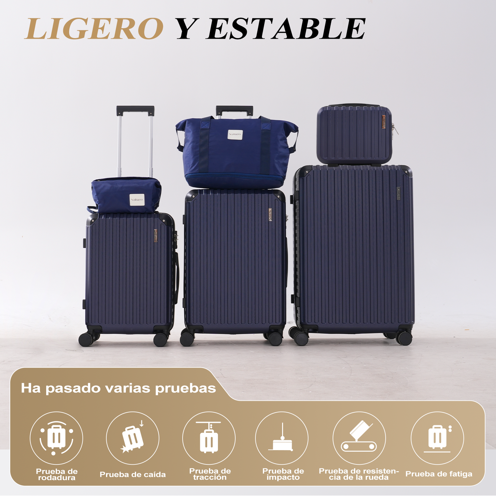 Juego de equipaje azul marino. Incluye maletas y un bolso de mano. Arriba dice 'LIGERO Y ESTABLE'. Debajo, se muestran pruebas.