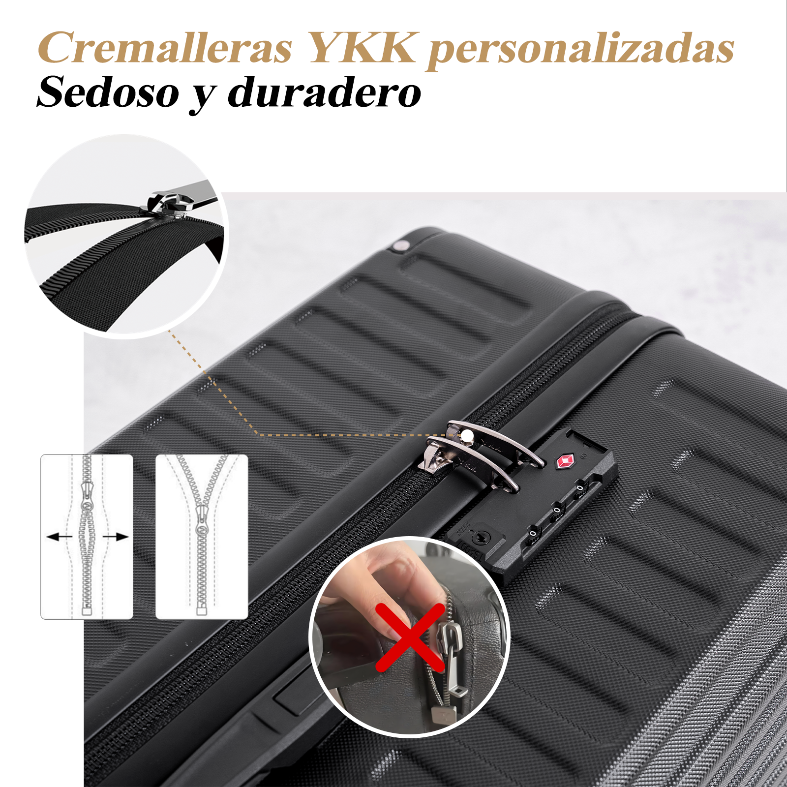 Maleta negra con cremallera. Detalles muestran la cremallera, una mano y un candado. El texto dice 'Cremalleras YKK personalizadas'.