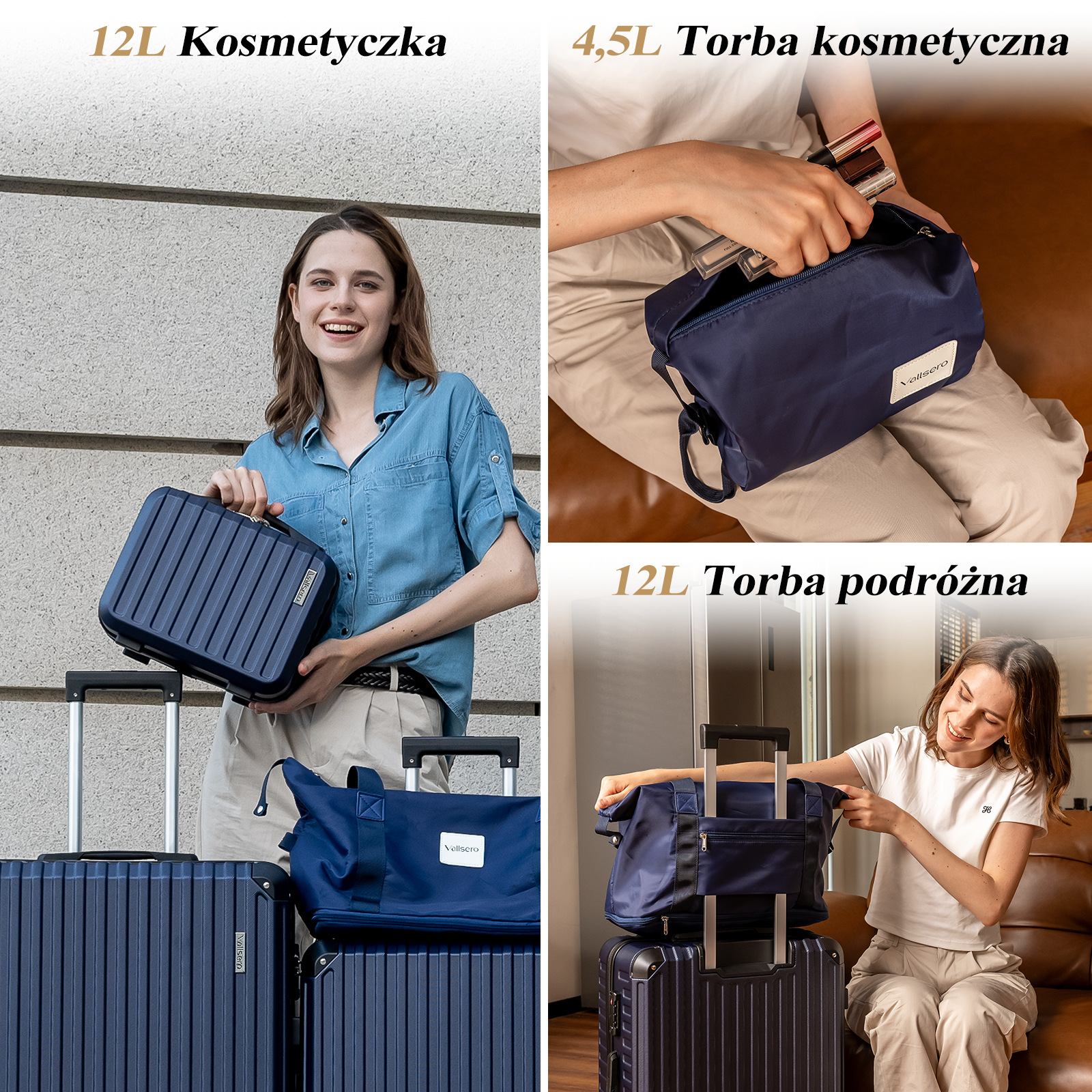 Kobieta trzyma niebieską walizkę i się uśmiecha. Inne walizki i torby są w scenie. Produkty mają markę Vallsiero.