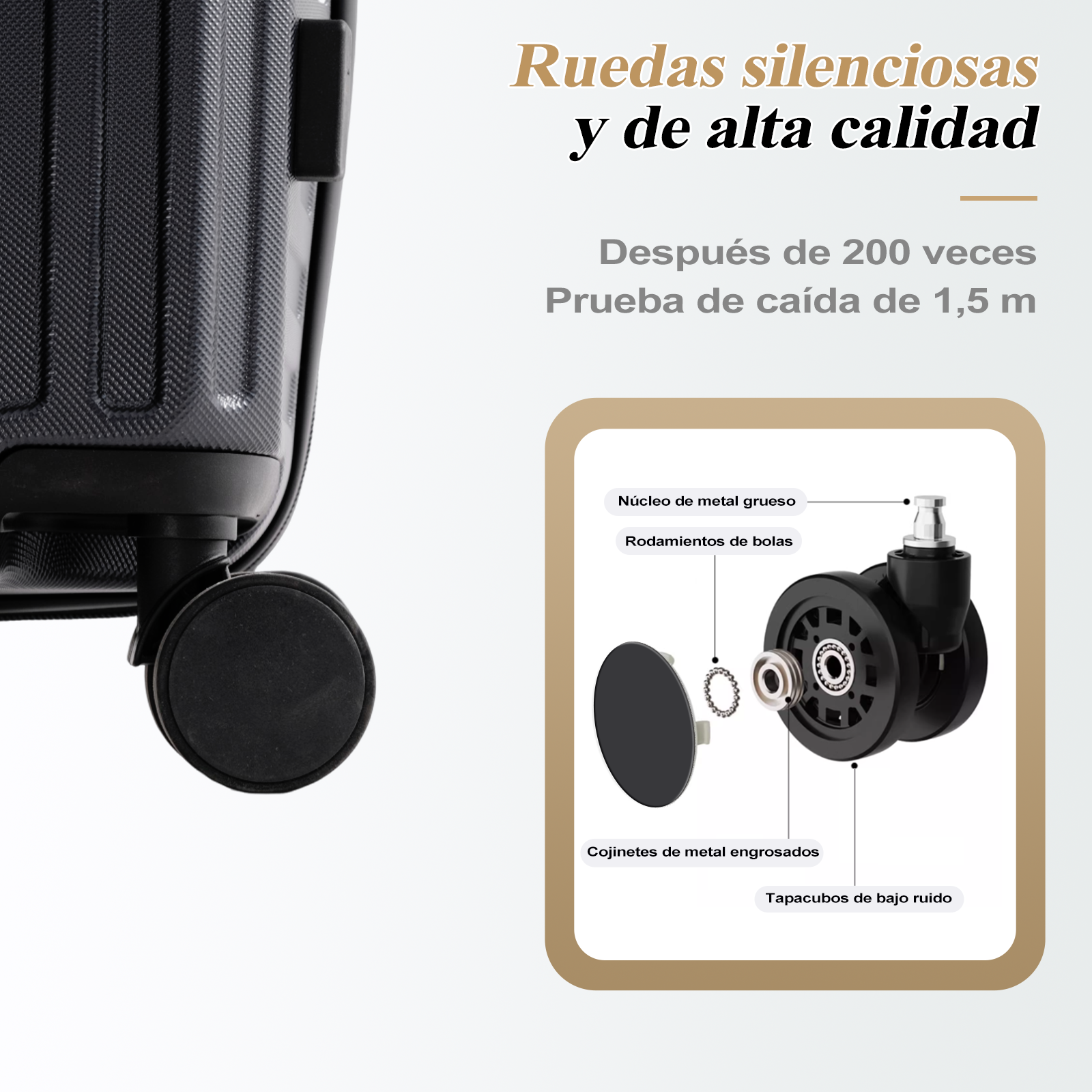 Rueda negra de maleta con diagrama detallado de piezas, incluyendo núcleo metálico, rodamientos de bolas y tapacubos reductores de ruido.