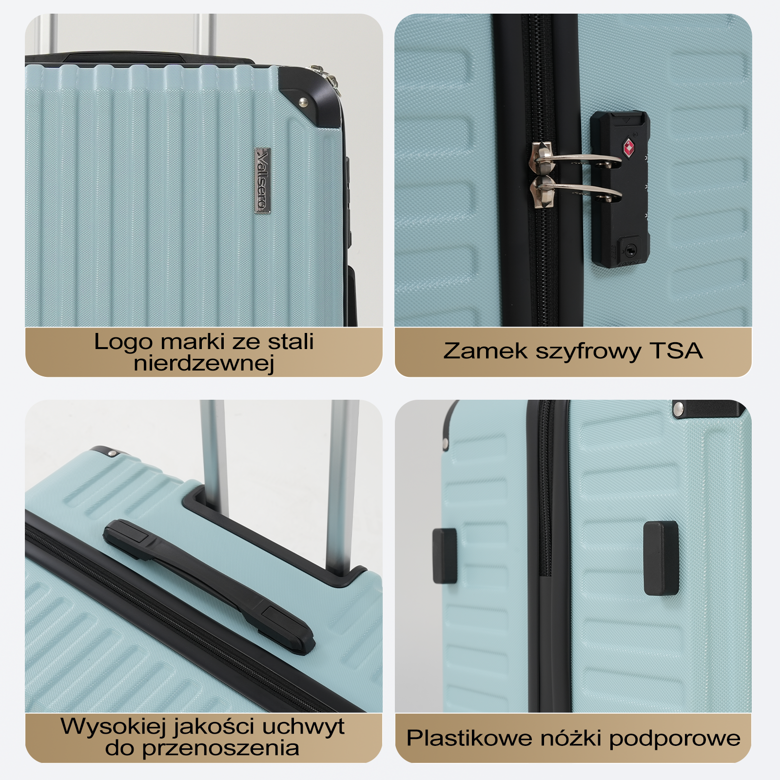 Jasnoniebieska walizka ze szczegółami: logo, zamek TSA, uchwyt i nóżki podporowe. Walizka ma teksturowaną powierzchnię.