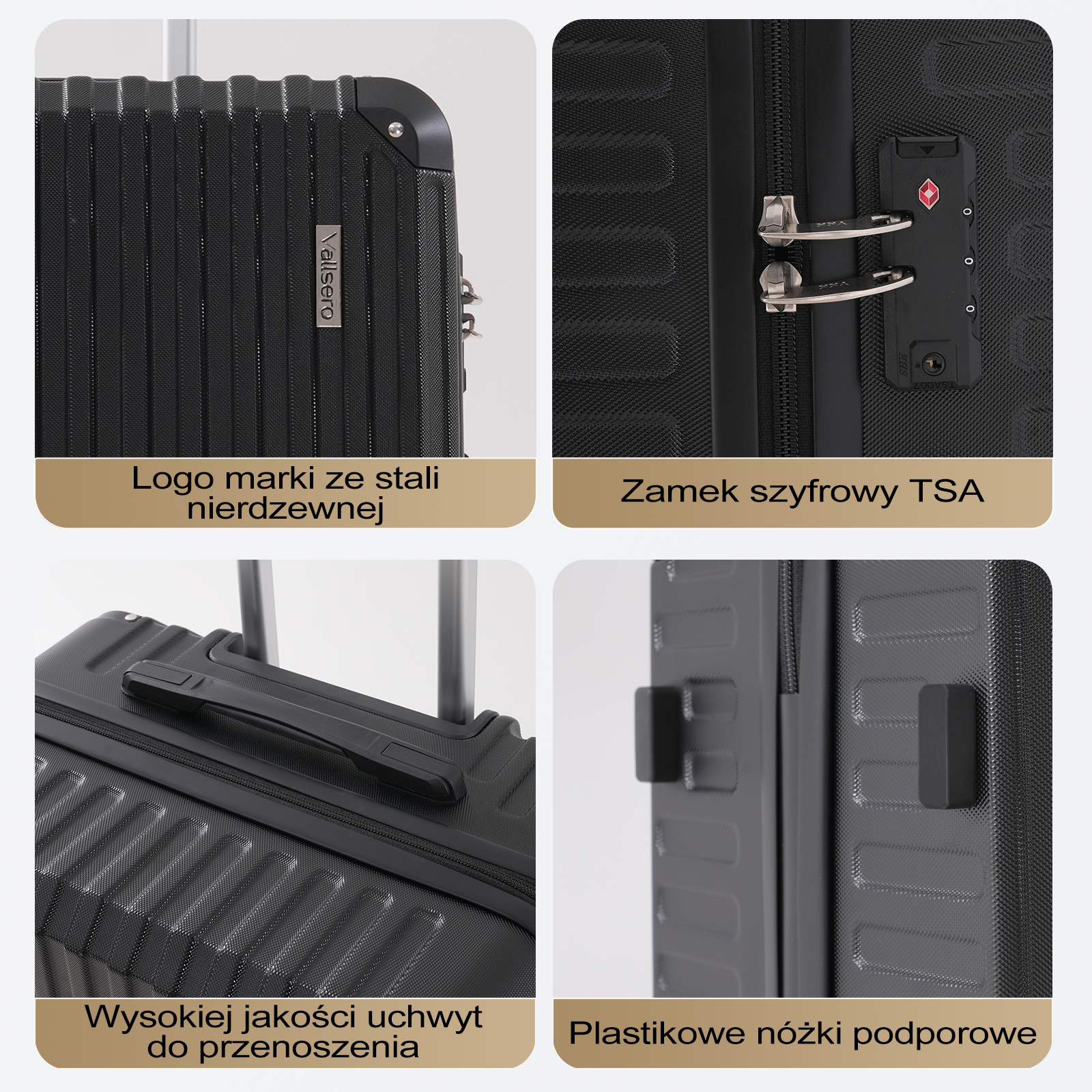 Szczegół czarnej walizki: logo, zamek TSA, uchwyt i nóżki podporowe. Teksturowana powierzchnia i metalowe akcenty.