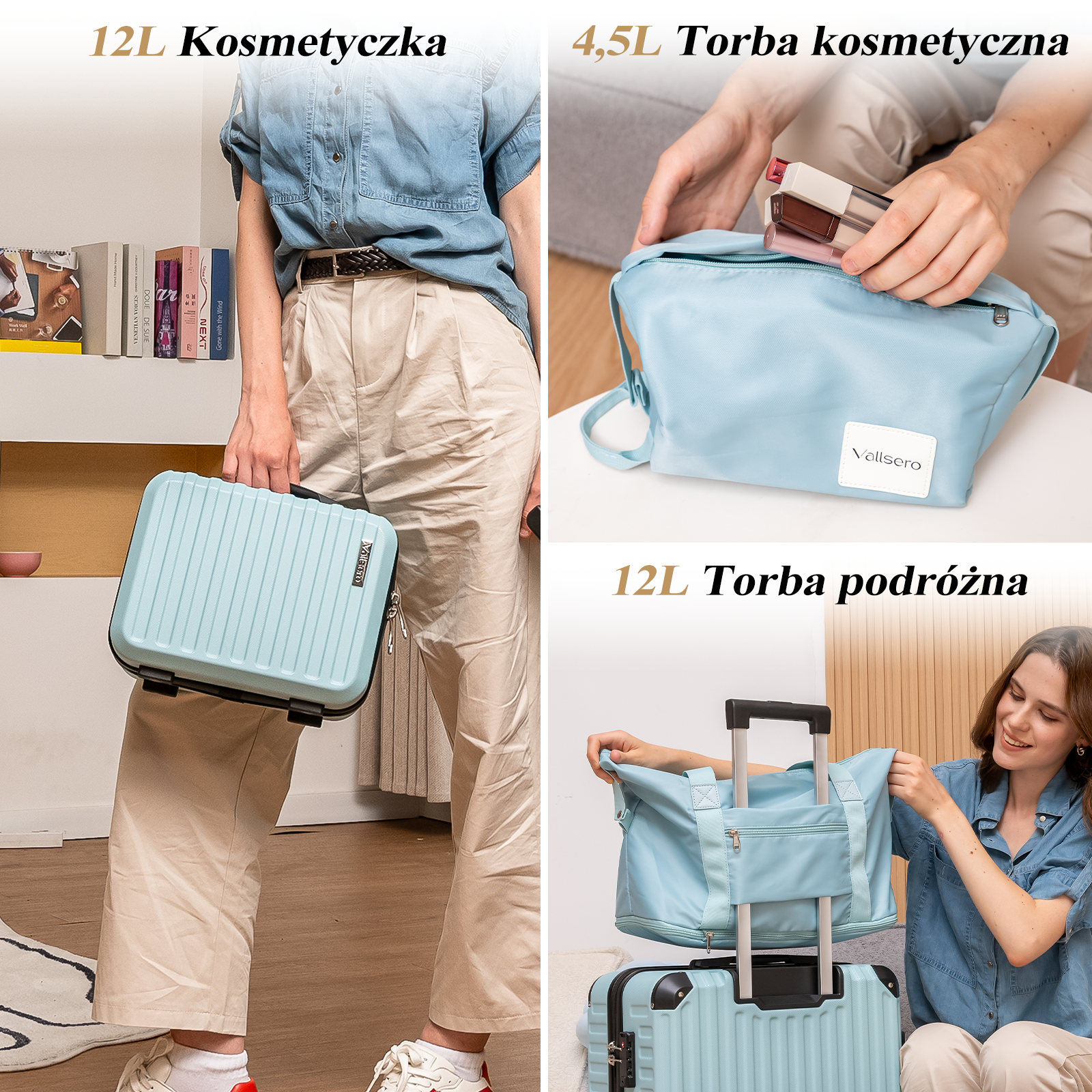 Obrazek pokazuje trzy sceny z jasnoniebieskimi torbami podróżnymi. Jedna osoba trzyma walizkę, druga otwiera kosmetyczkę, a trzecia układa torbę na walizce.