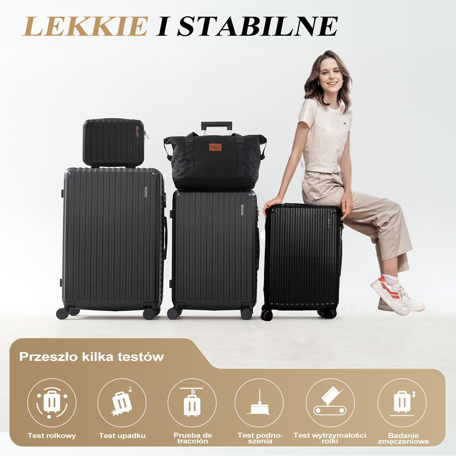 Kobieta siedzi na czarnej walizce. Inny bagaż jest ułożony w stos. Tekst mówi 'lekki i stabilny' i pokazywane są testy takie jak 'test upadku'.