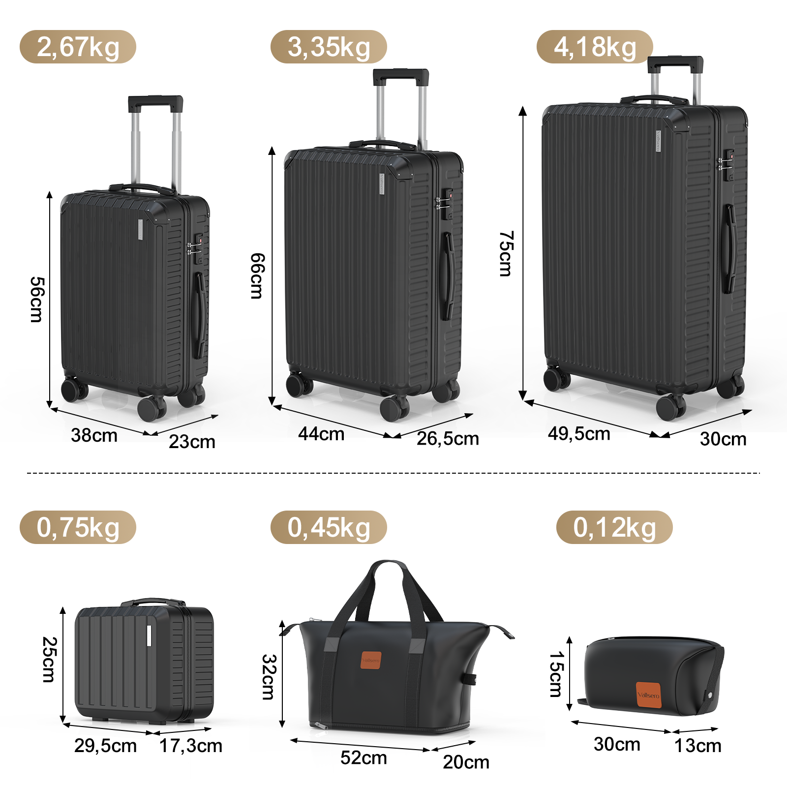 Obraz przedstawia trzy czarne walizki o różnych rozmiarach z wagą i wymiarami. Również mała walizka i torba.