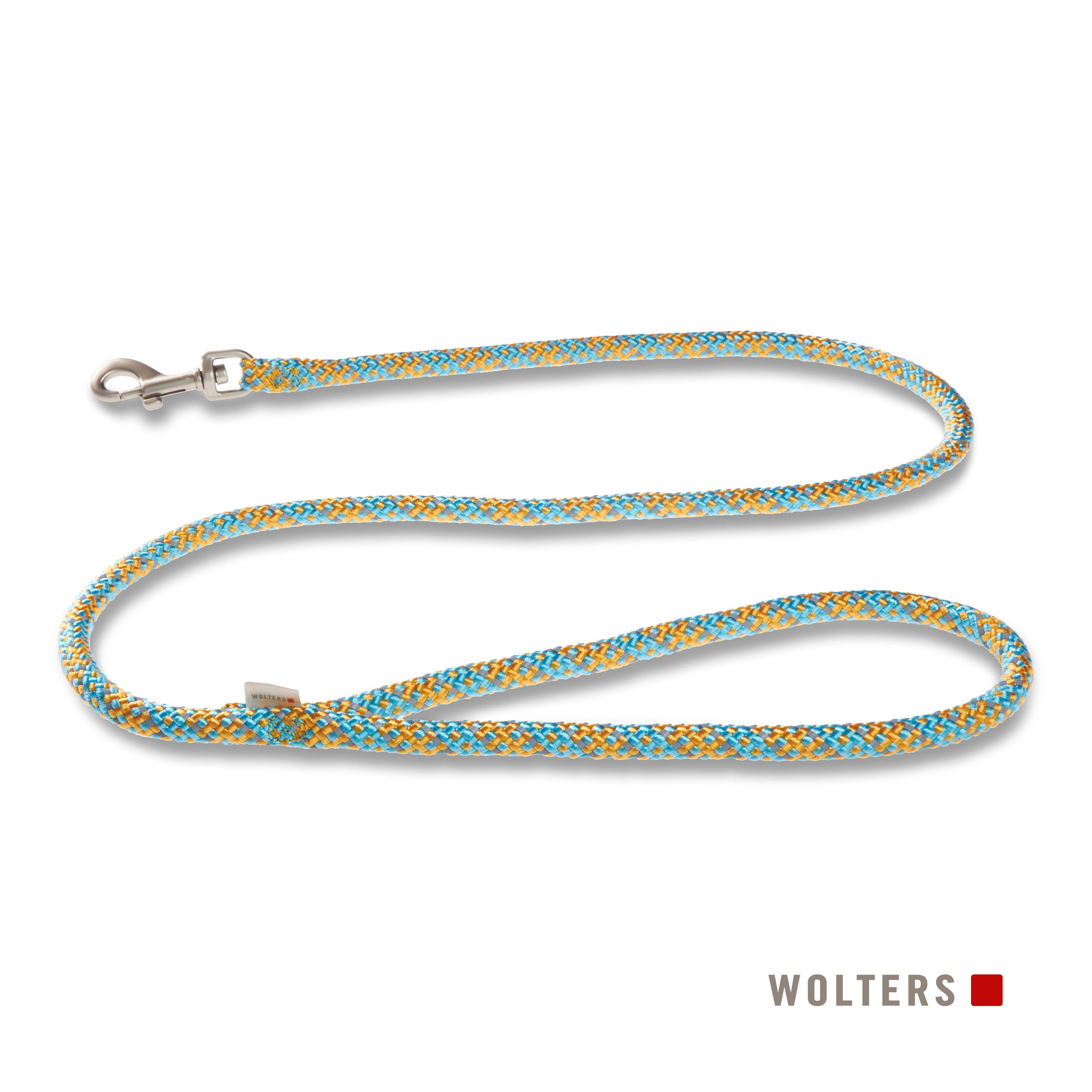 Eine Hundeleine mit blau-orangefarbenem Seildesign. Sie hat einen silbernen Verschluss und den Markennamen WOLTERS.