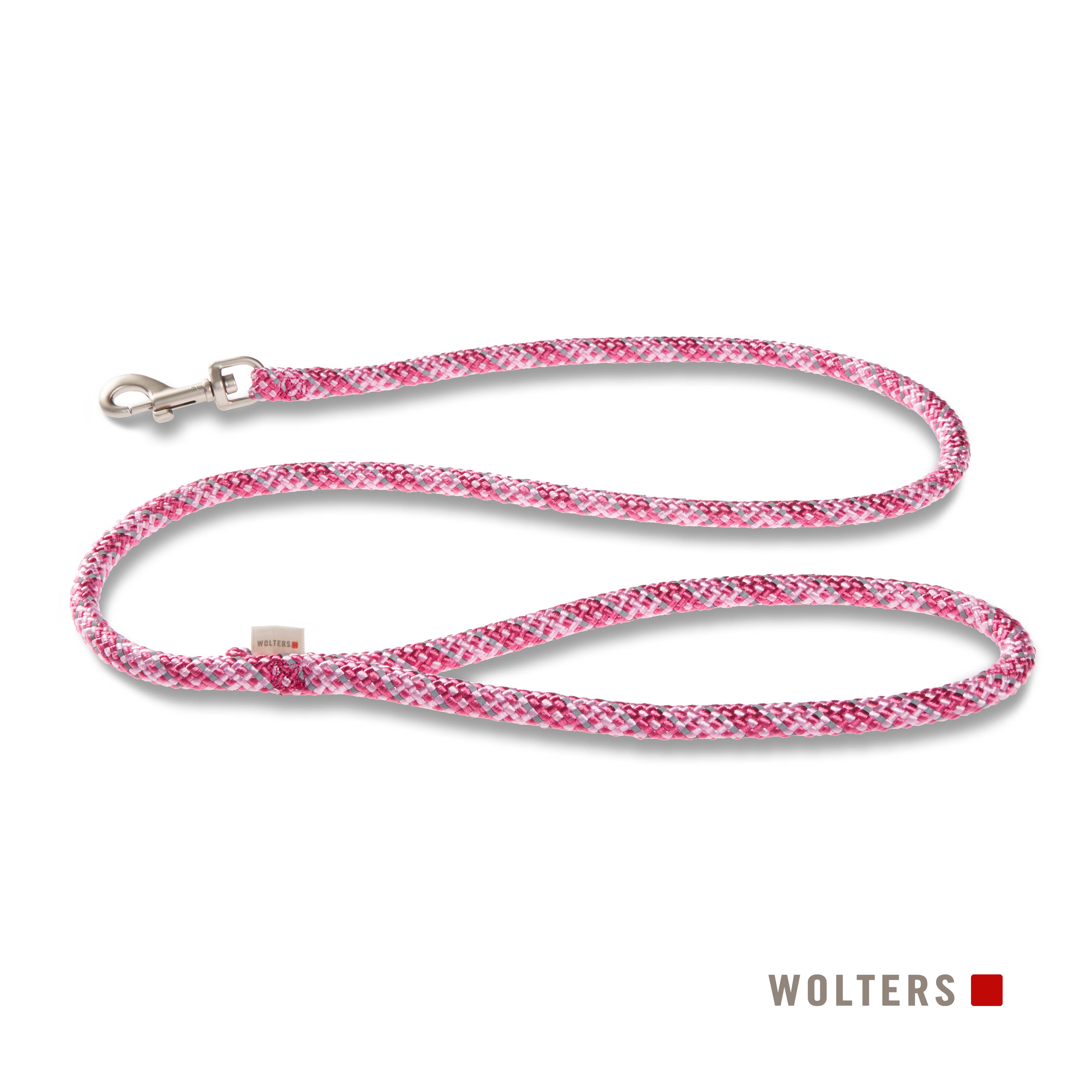 Rosa-graue Hundeleine mit Metallverschluss. Weißer Hintergrund. Die Marke 'Wolters' ist unten.