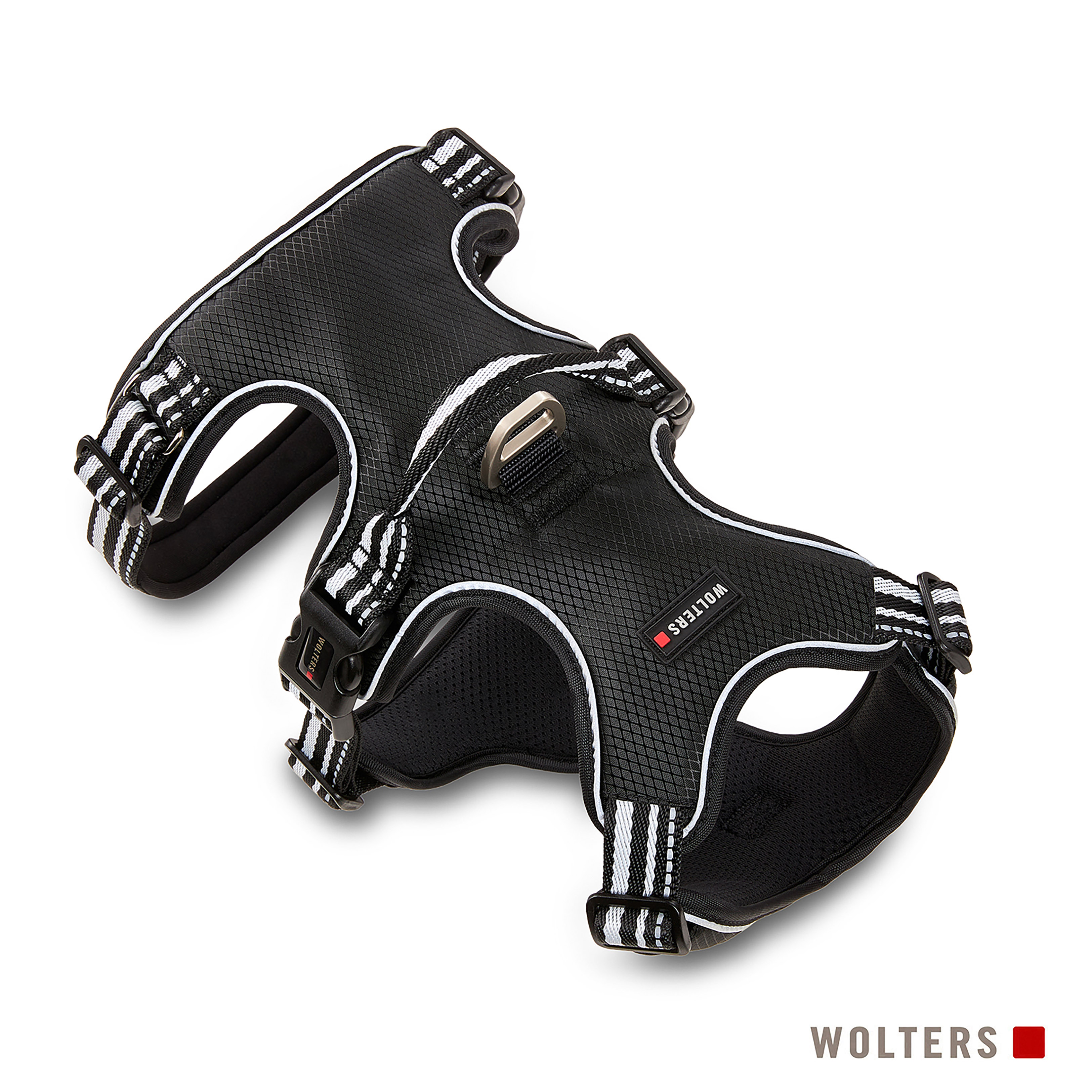Schwarzes Hundegeschirr mit weißem Rand und Streifen. Mit Metallring und 'WOLTERS' Logo.