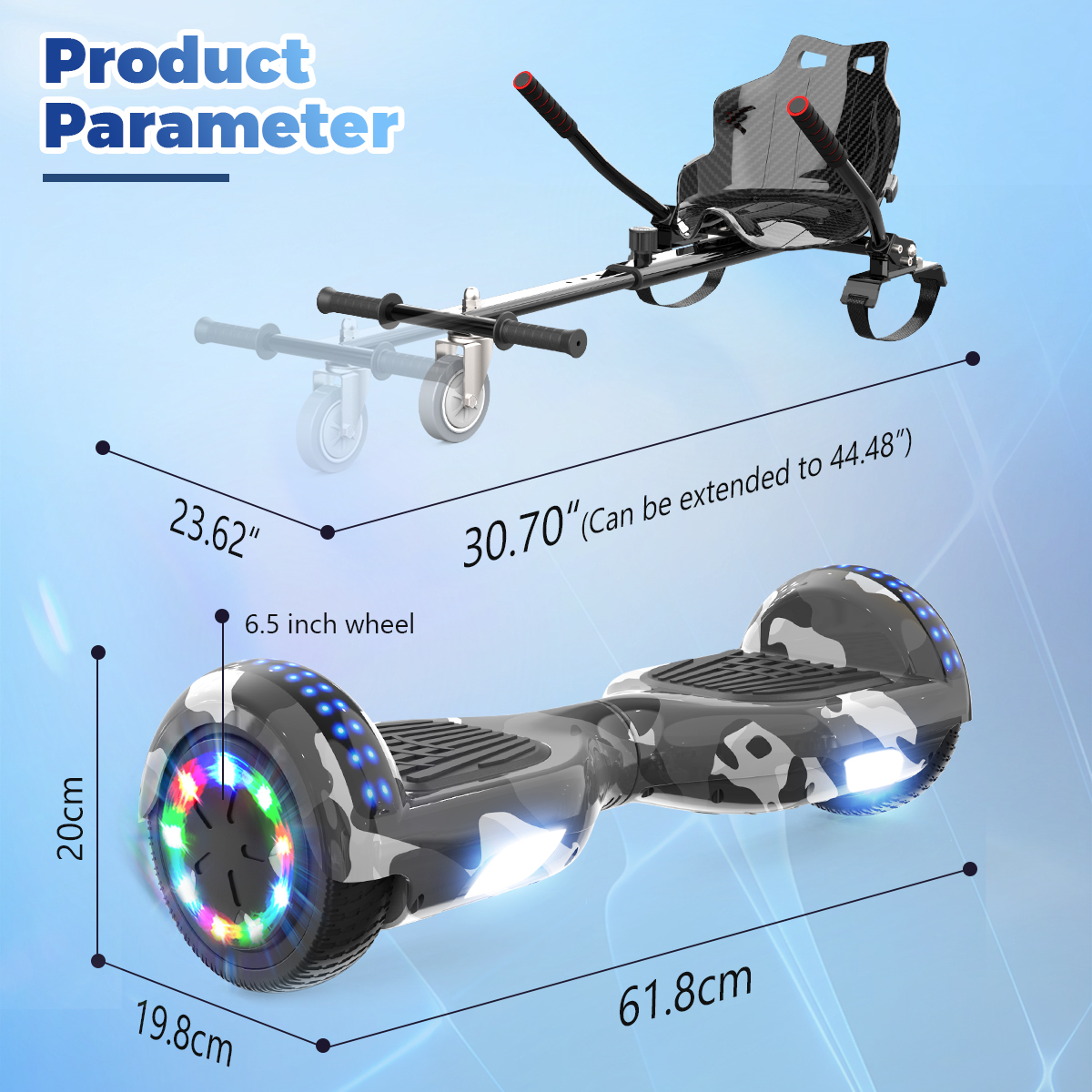 Productparameter afbeelding toont een hoverboard met een zitopzetstuk. Afmetingen worden weergegeven in inches en centimeters.