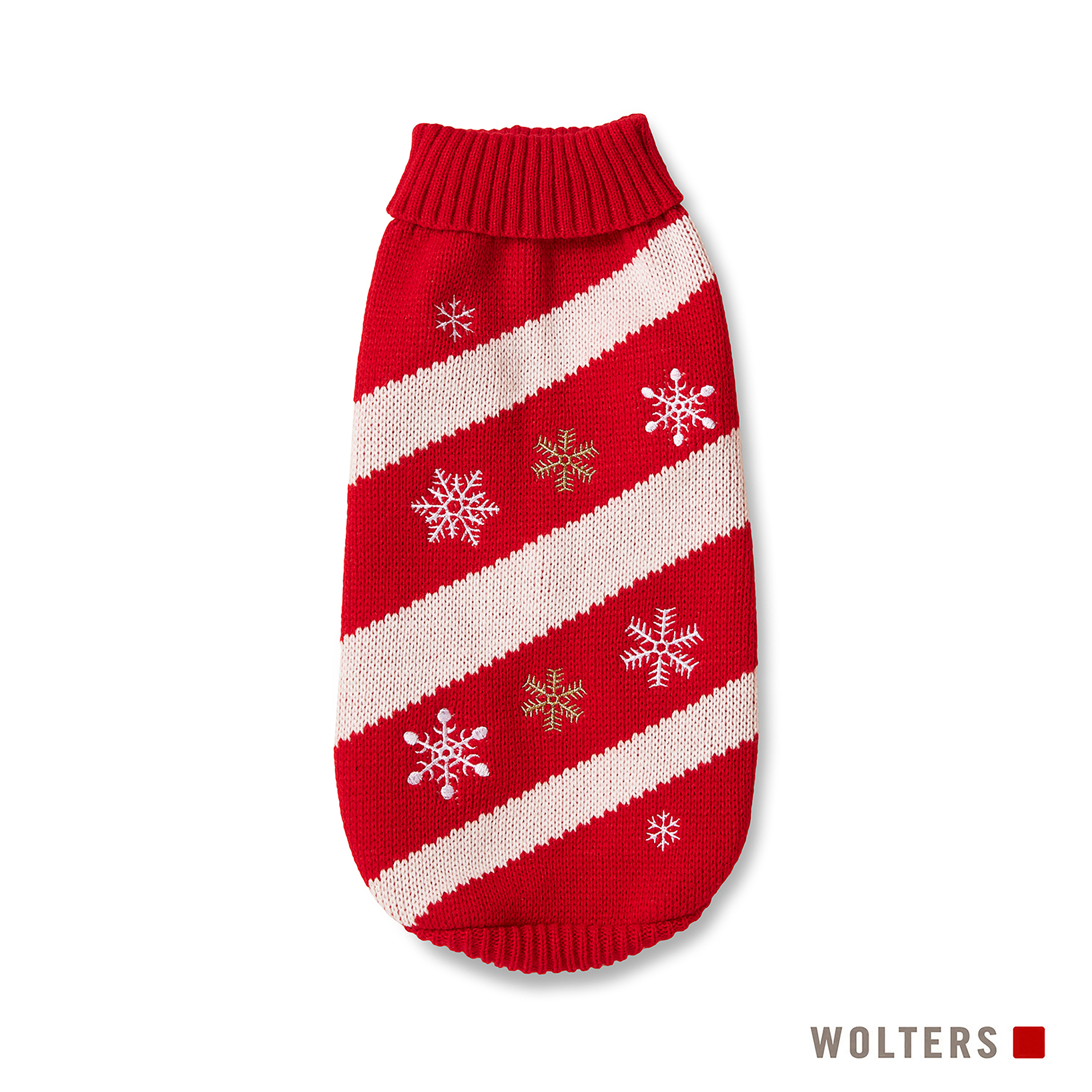Ein rot-weißer Hundepullover mit Schneeflocken. Er hat einen gerippten Kragen und diagonale Streifen mit weißen Schneeflocken.