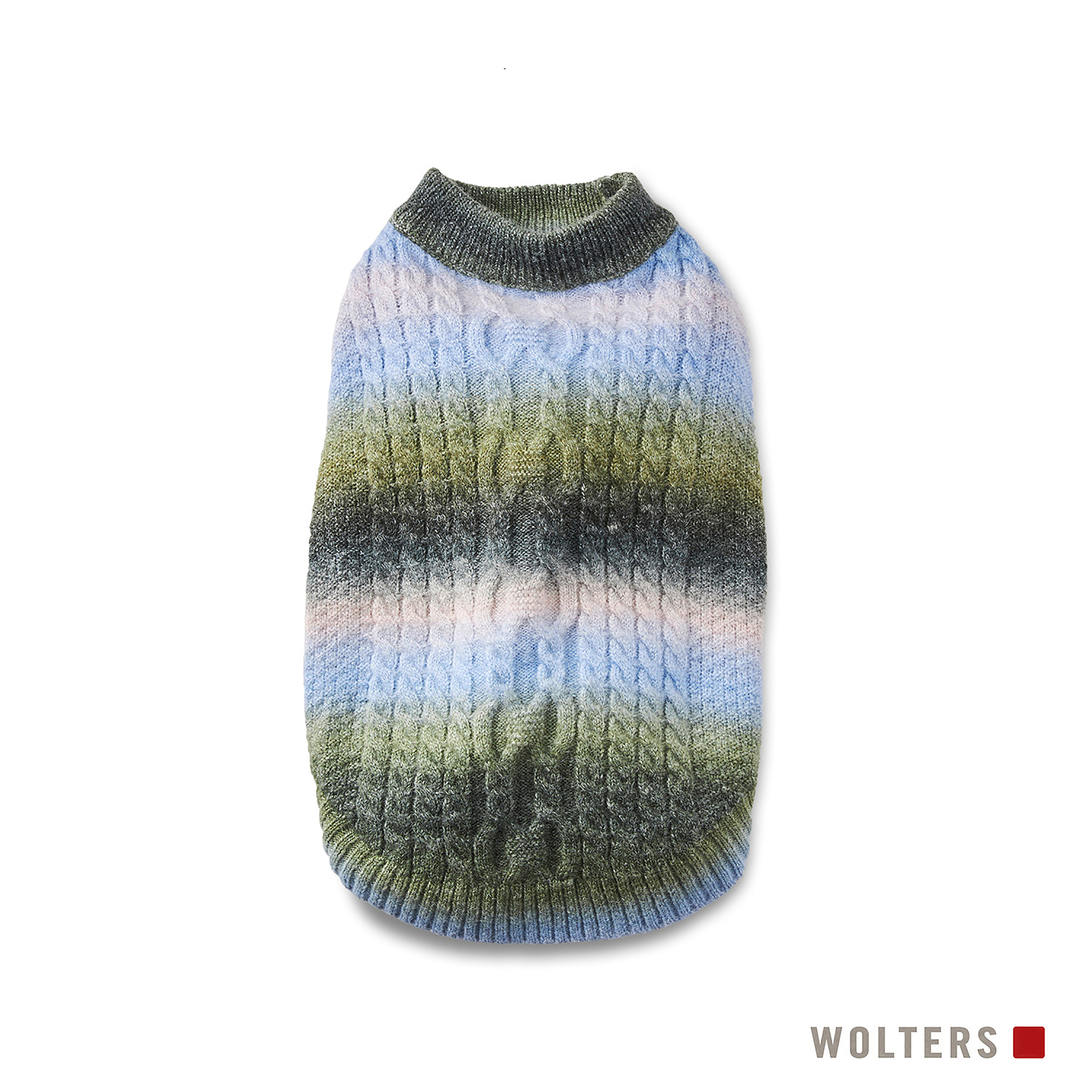 Ein Hundepullover in Blau-, Grün- und Grautönen mit Zopfmuster. Der Markenname 'WOLTERS' steht unten.