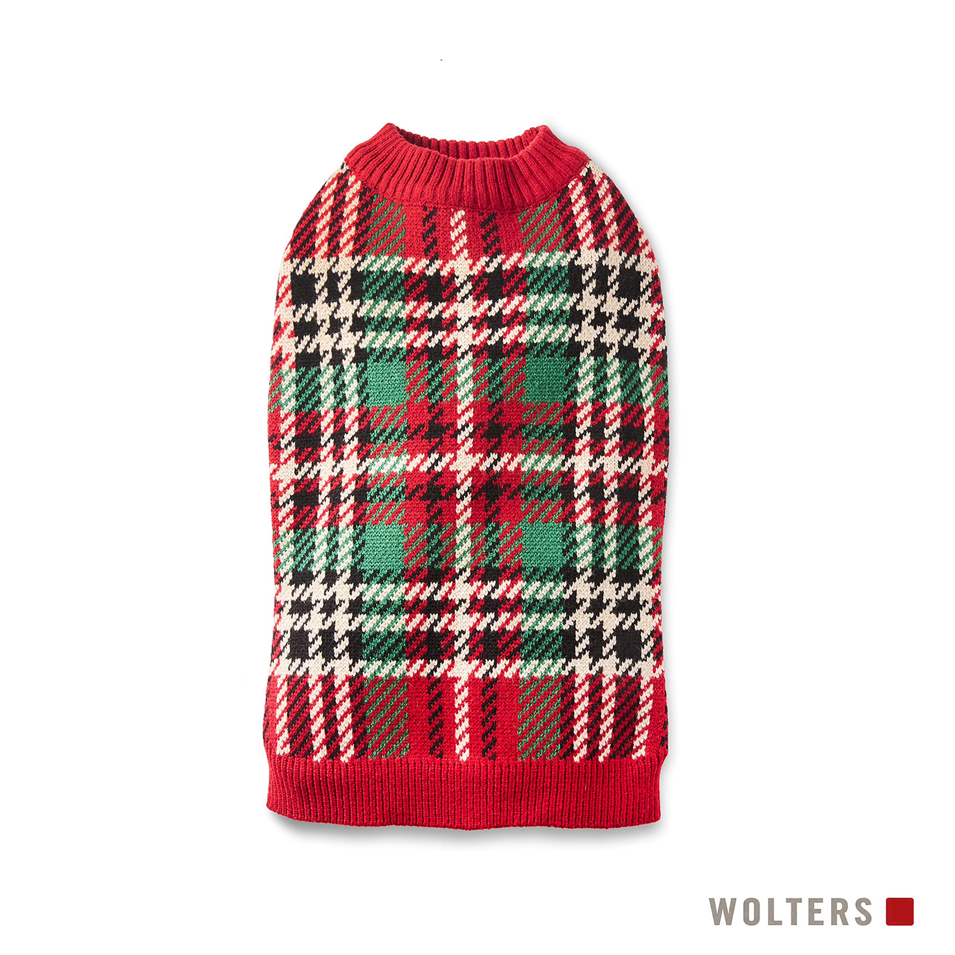 Ein Hundepullover mit rot, grün, schwarz und weiß kariertem Muster auf weißem Hintergrund.