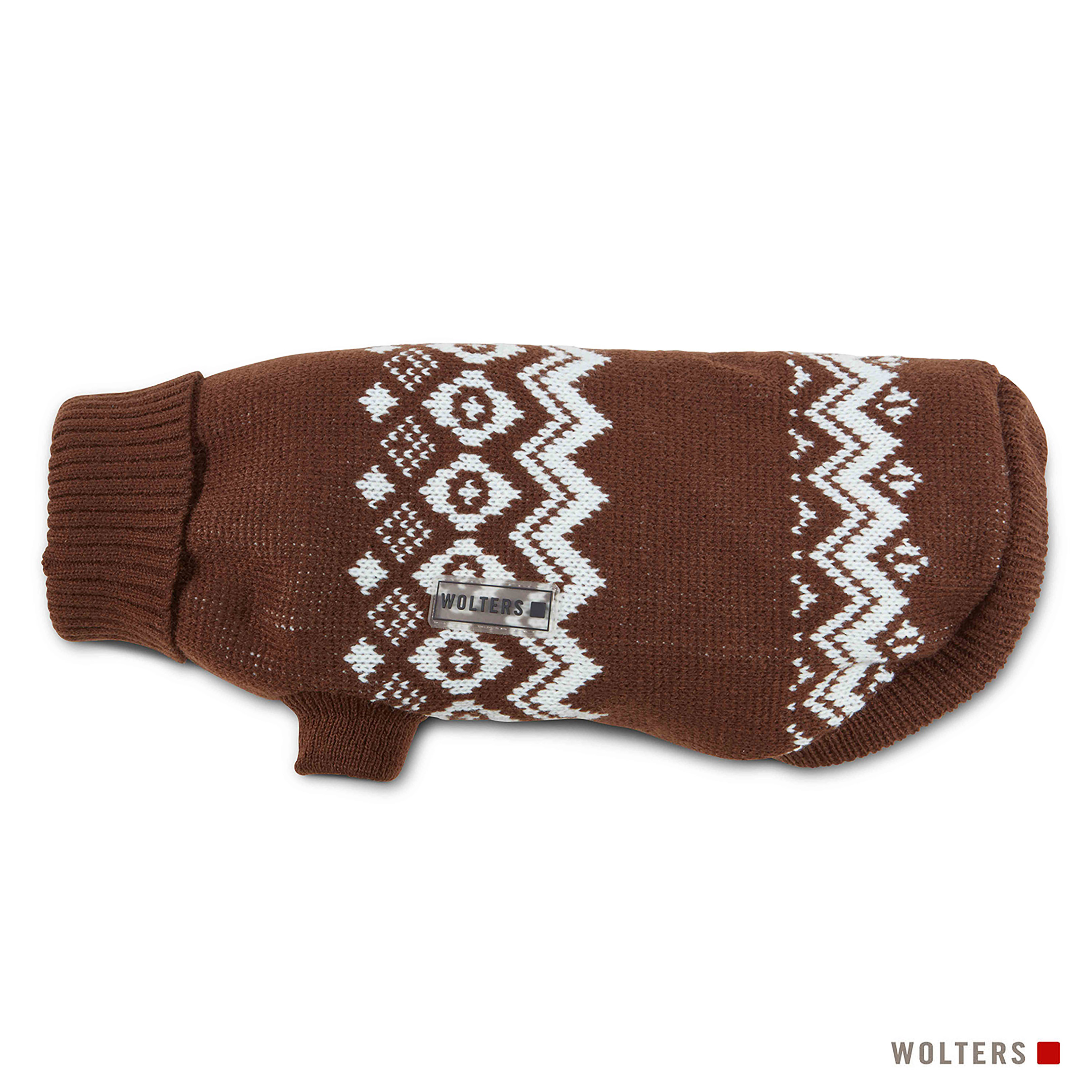 Brauner Hundepullover mit weißem geometrischem Muster. Der Pullover hat ein Wolters-Logo und befindet sich auf weißem Hintergrund.