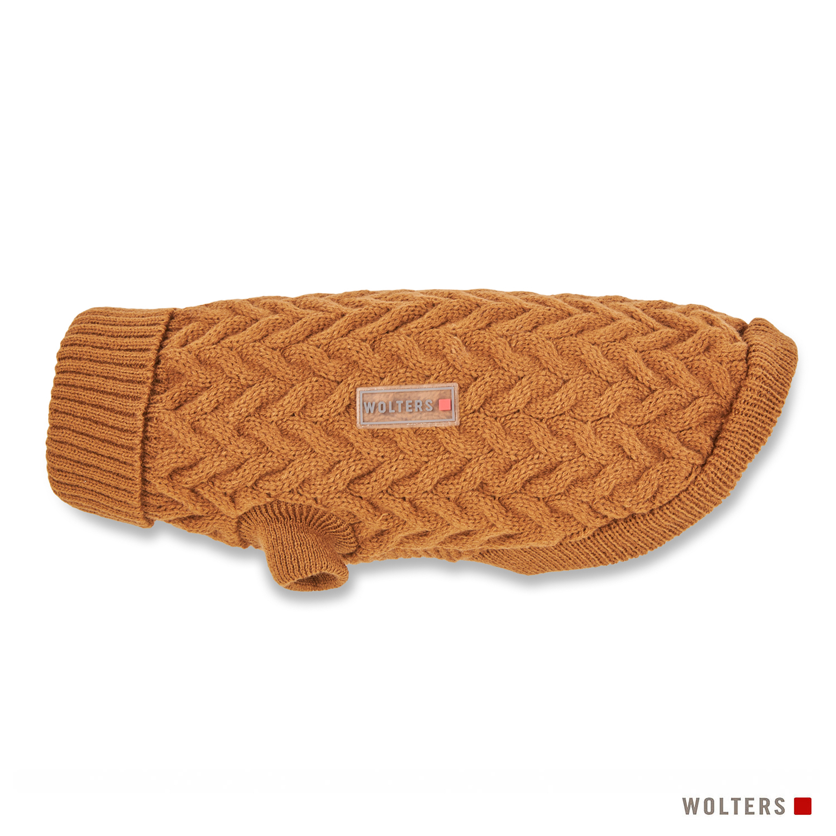 Ein brauner Hundepullover mit strukturiertem Strickmuster. Die Marke "WOLTERS" ist sichtbar.
