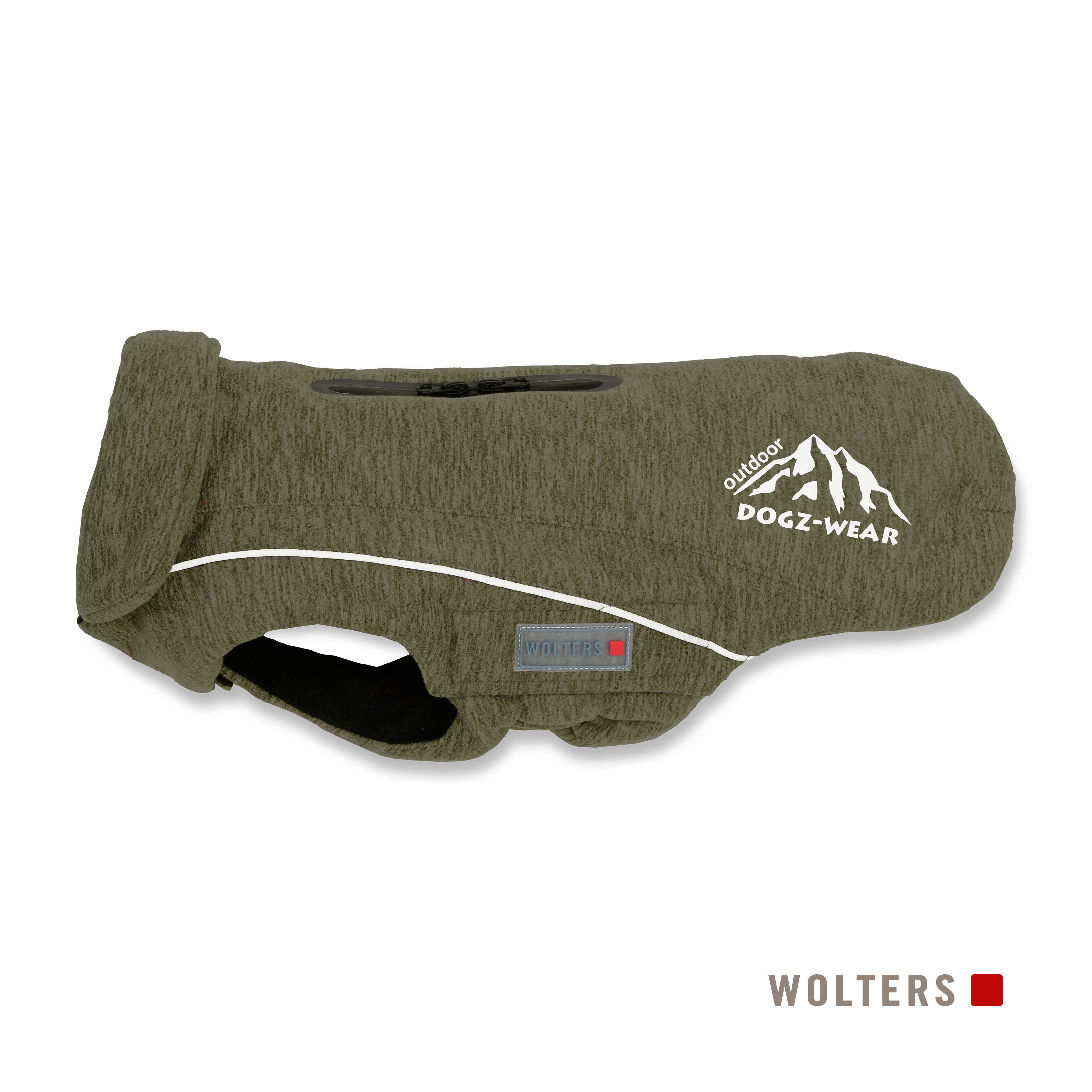 Olivgrüner Hundemantel mit weißem Streifen, weißem Logo mit Bergen und dem Text 'DOGZ-WEAR outdoor'.