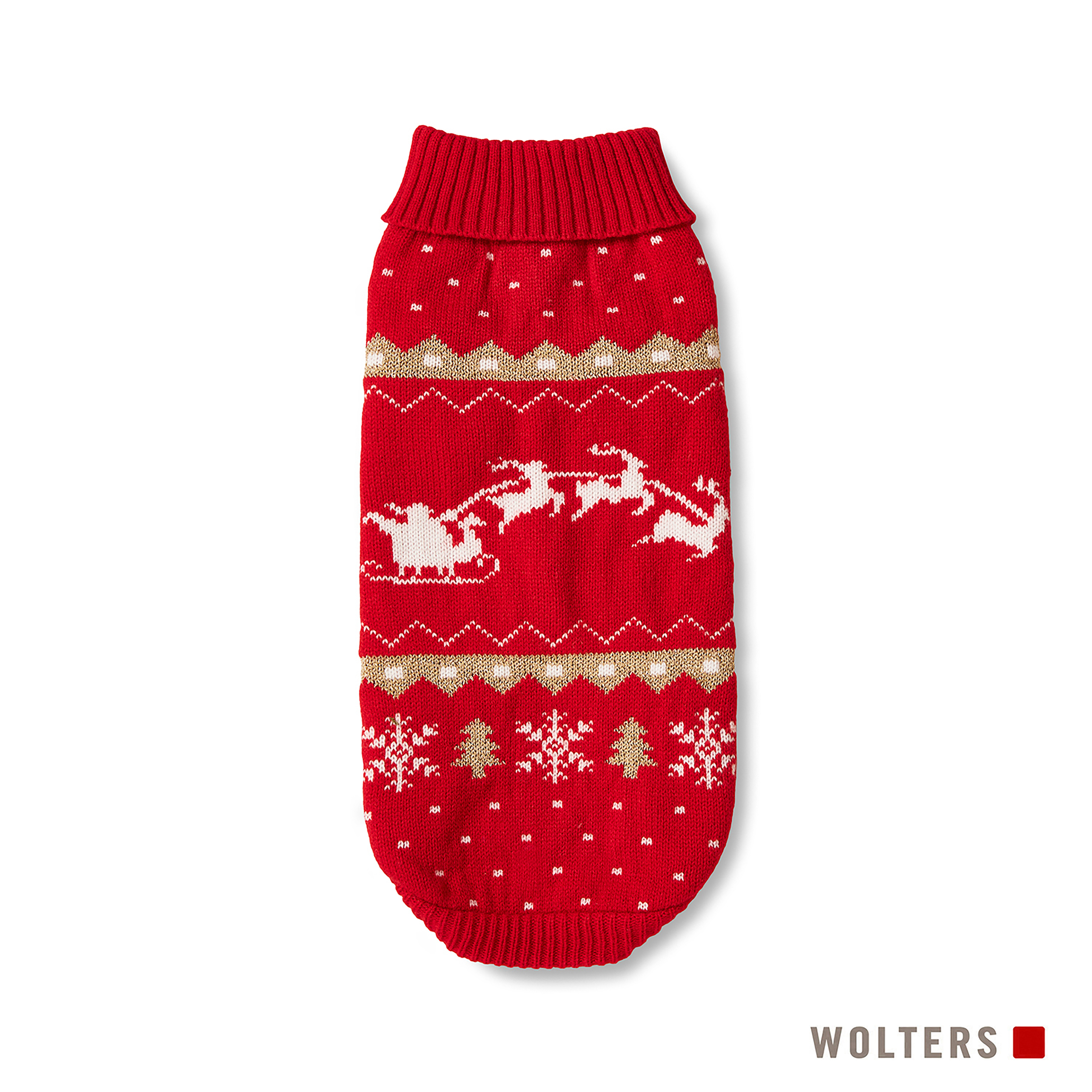 Roter Hundepullover mit Weihnachtsmustern: Rentiere, Schneeflocken und Bäume. Gold- und Weißdetails.