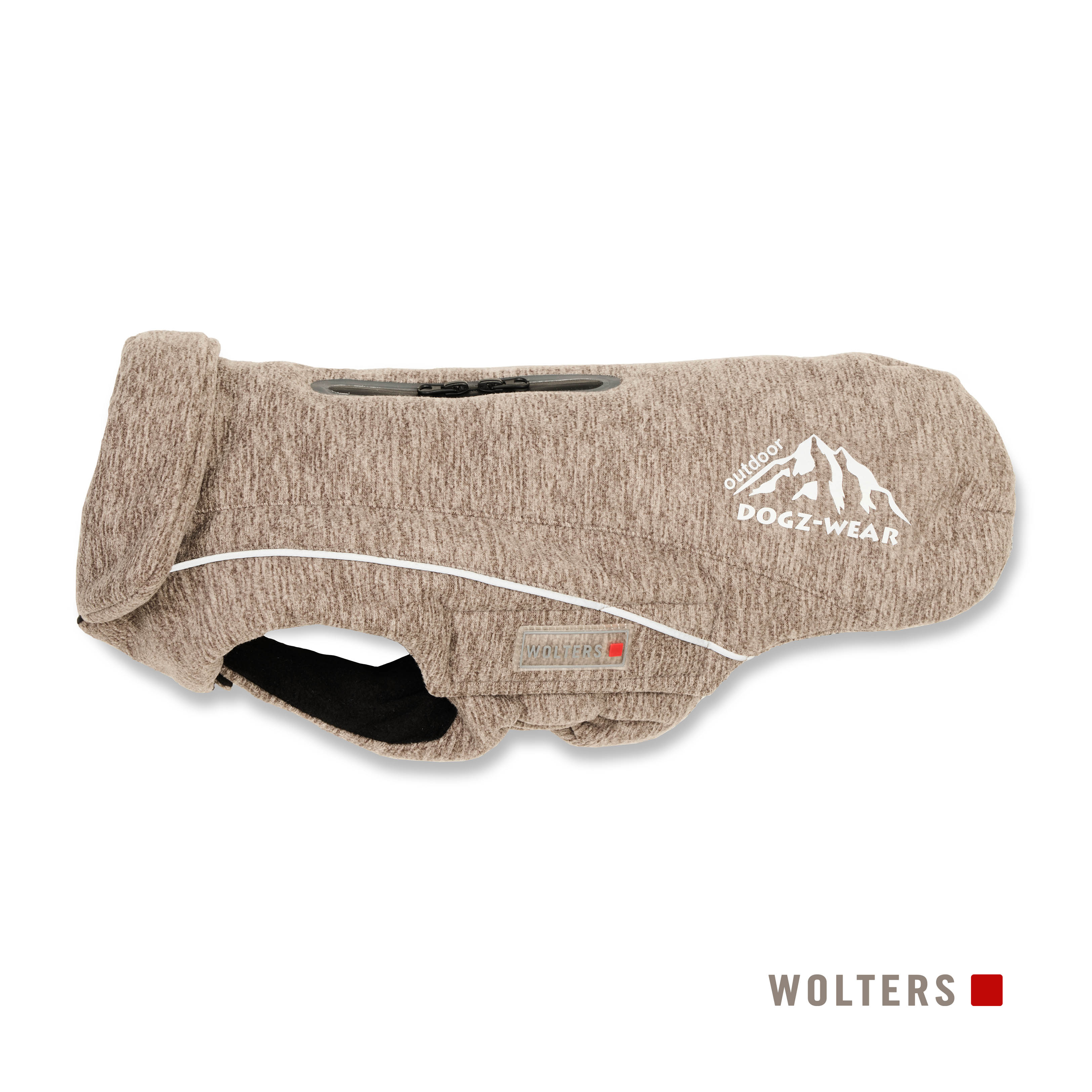 Hunde-Mantel, beige mit weißen Akzenten, Markenlogo auf der Seite und hinten. Weißer Hintergrund.