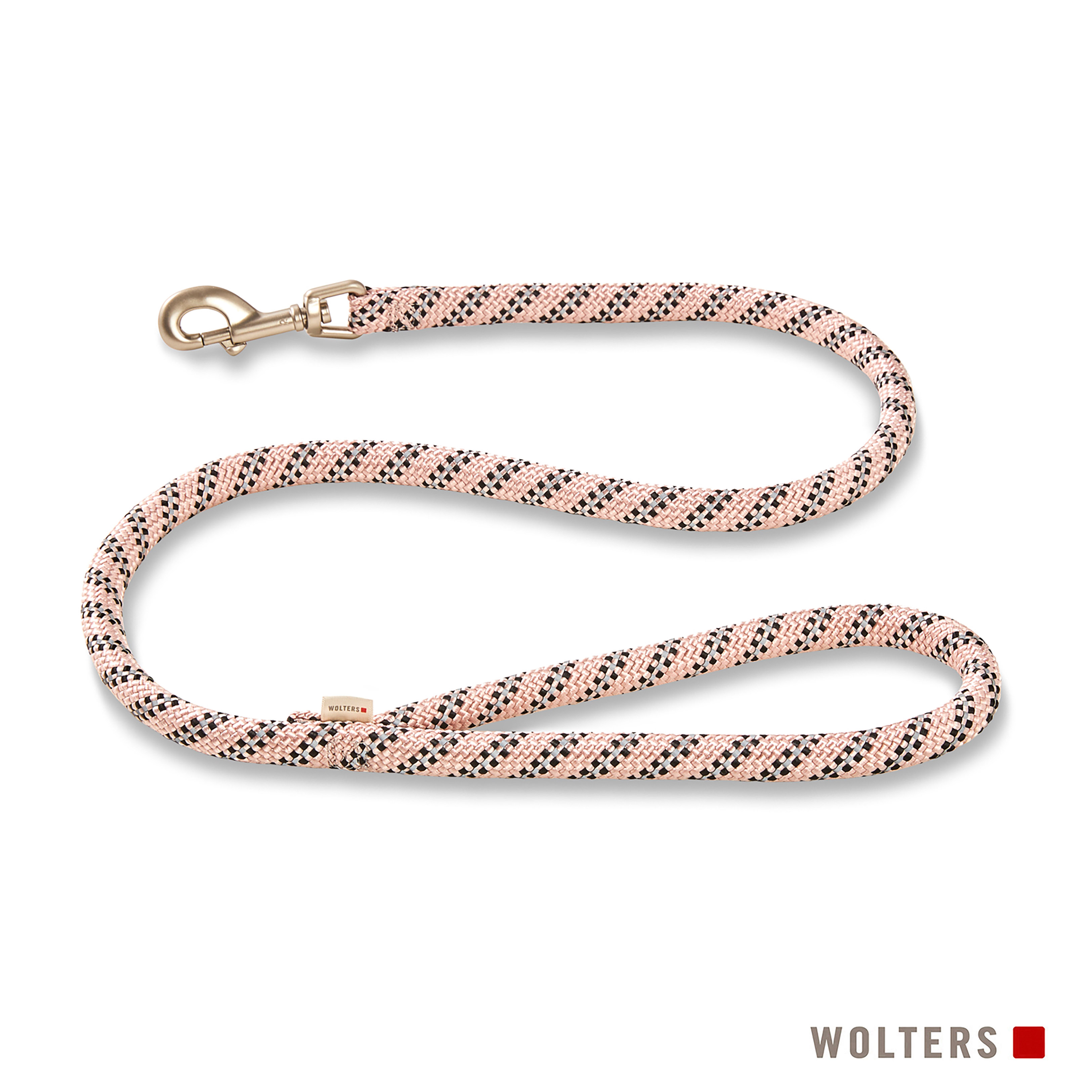 Hundeleine mit goldenem Verschluss. Die Leine ist rosa, schwarz und weiß gemustert. Unten steht der Markenname 'WOLTERS'.