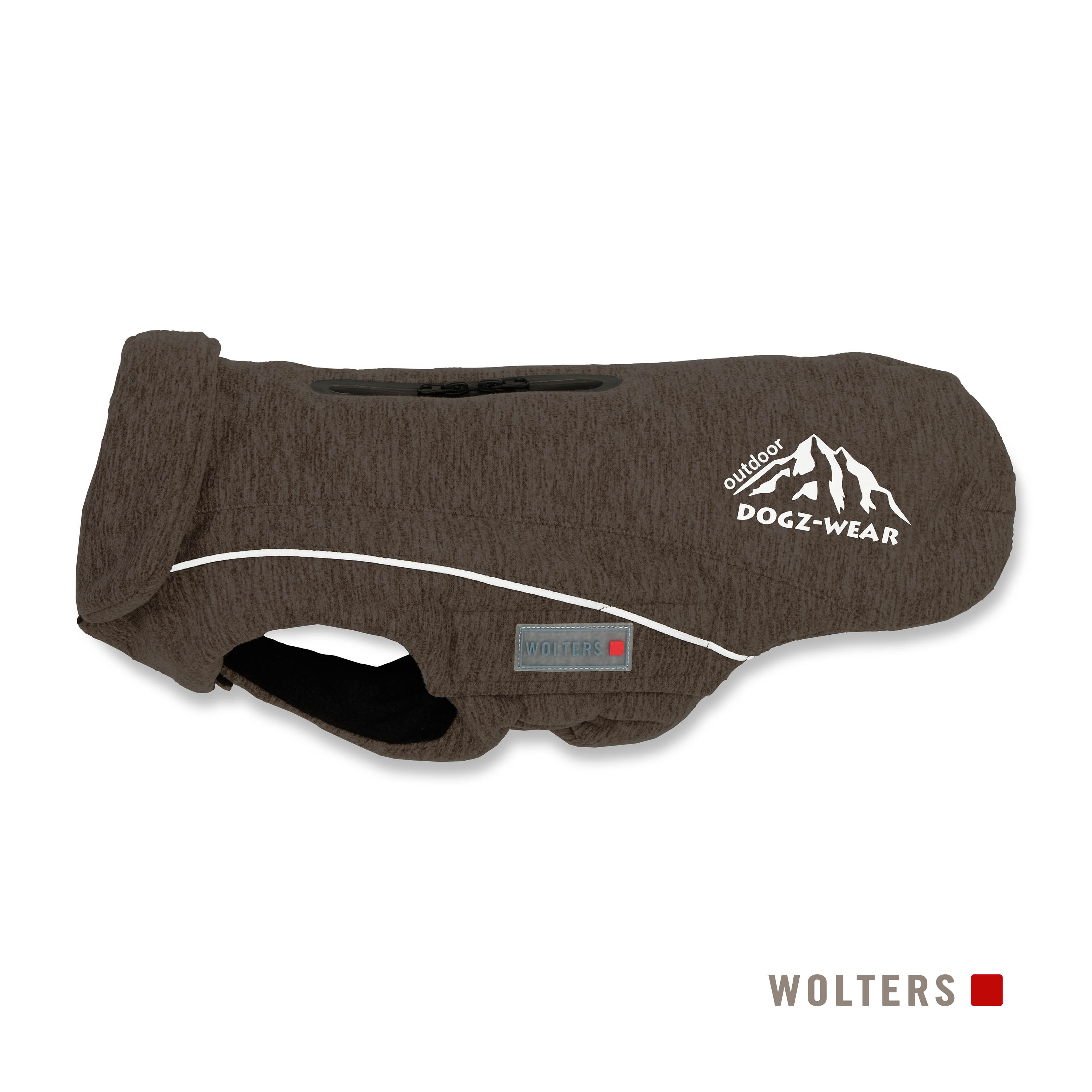 Brauner Hundemantel mit weißem Reflexstreifen und Logo. Markenname ist WOLTERS. Es hat ein DOGZ-WEAR-Logo.