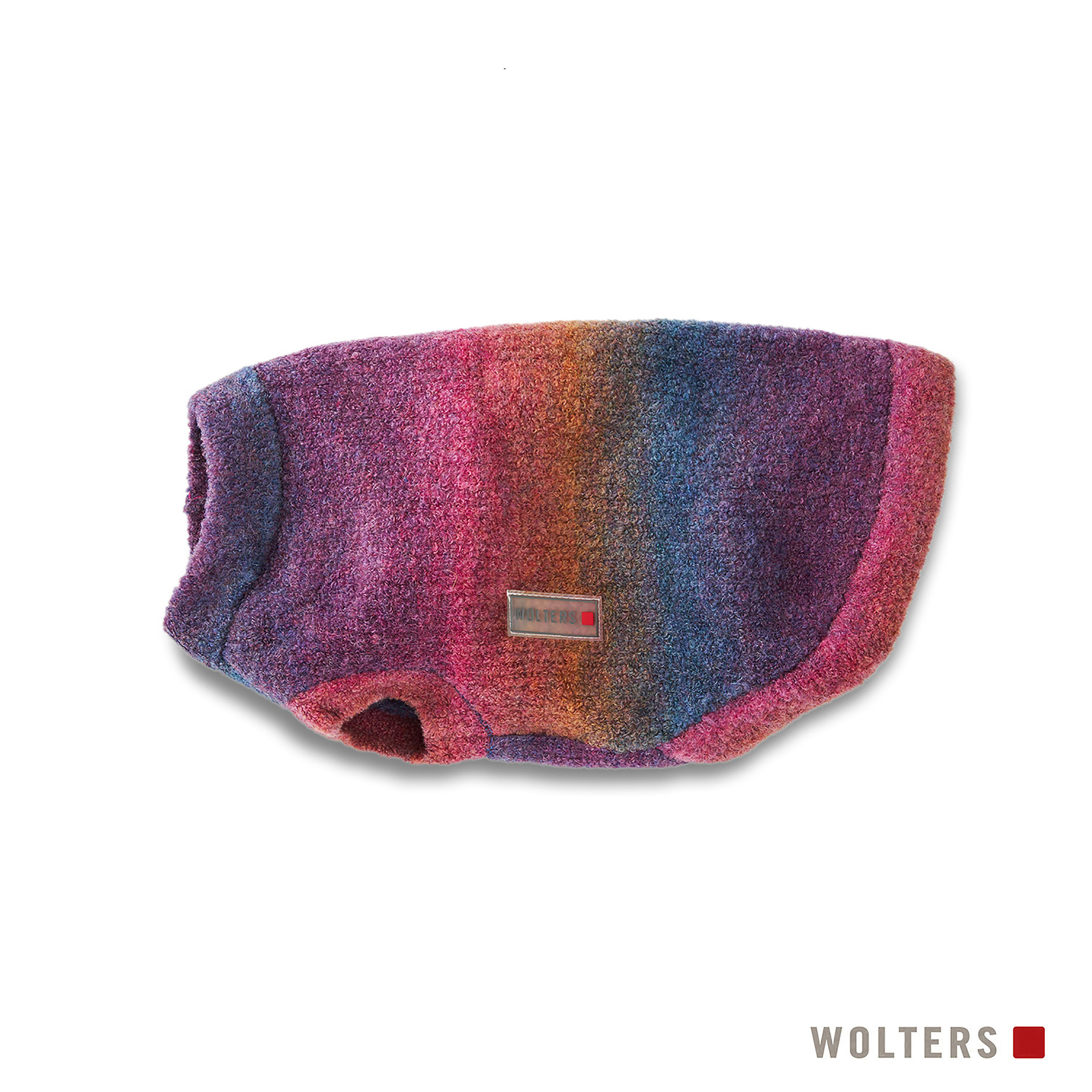 Ein Hundepullover mit einem Regenbogenfarbverlauf von Rosa bis Blau auf weißem Grund. Ein Etikett sagt Wolters.