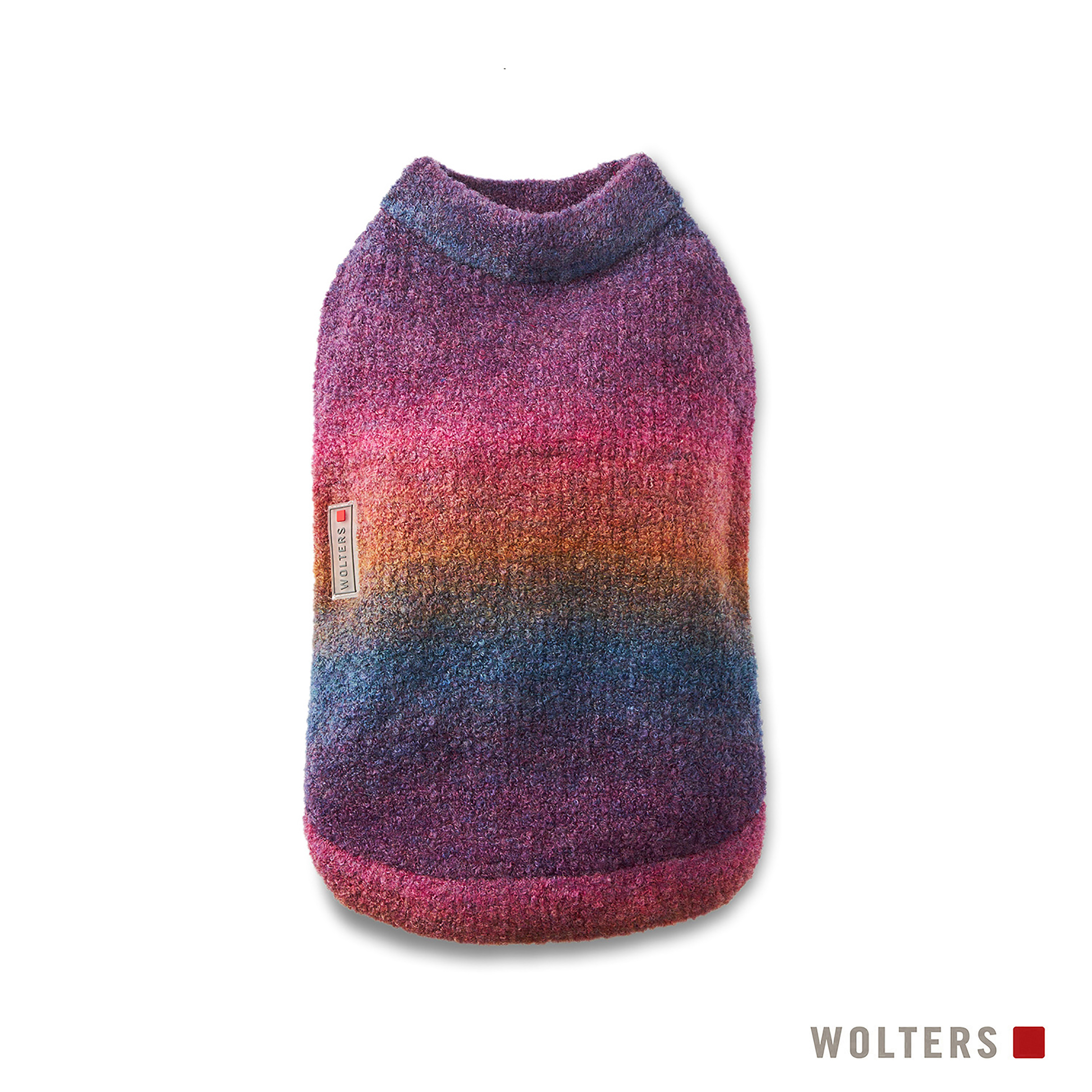Ein Hundepullover in Lila, Pink, Orange und Blau mit Wolters-Etikett auf weißem Hintergrund.