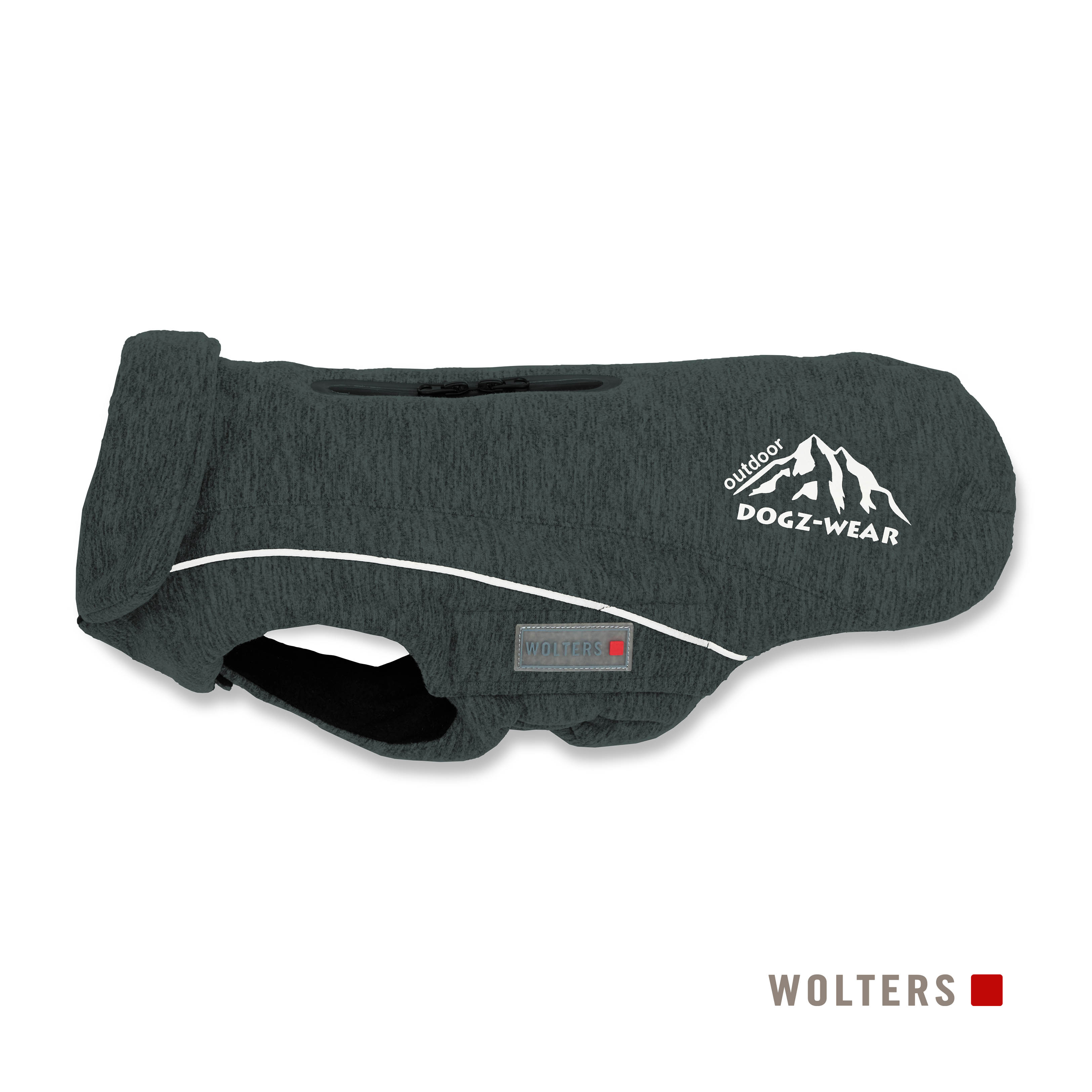 Dunkelgrauer Hundemantel mit weißen Zierleisten. Er hat ein "DOGZ-WEAR" Logo und ein "WOLTERS" Logo. Der Hintergrund ist weiß.