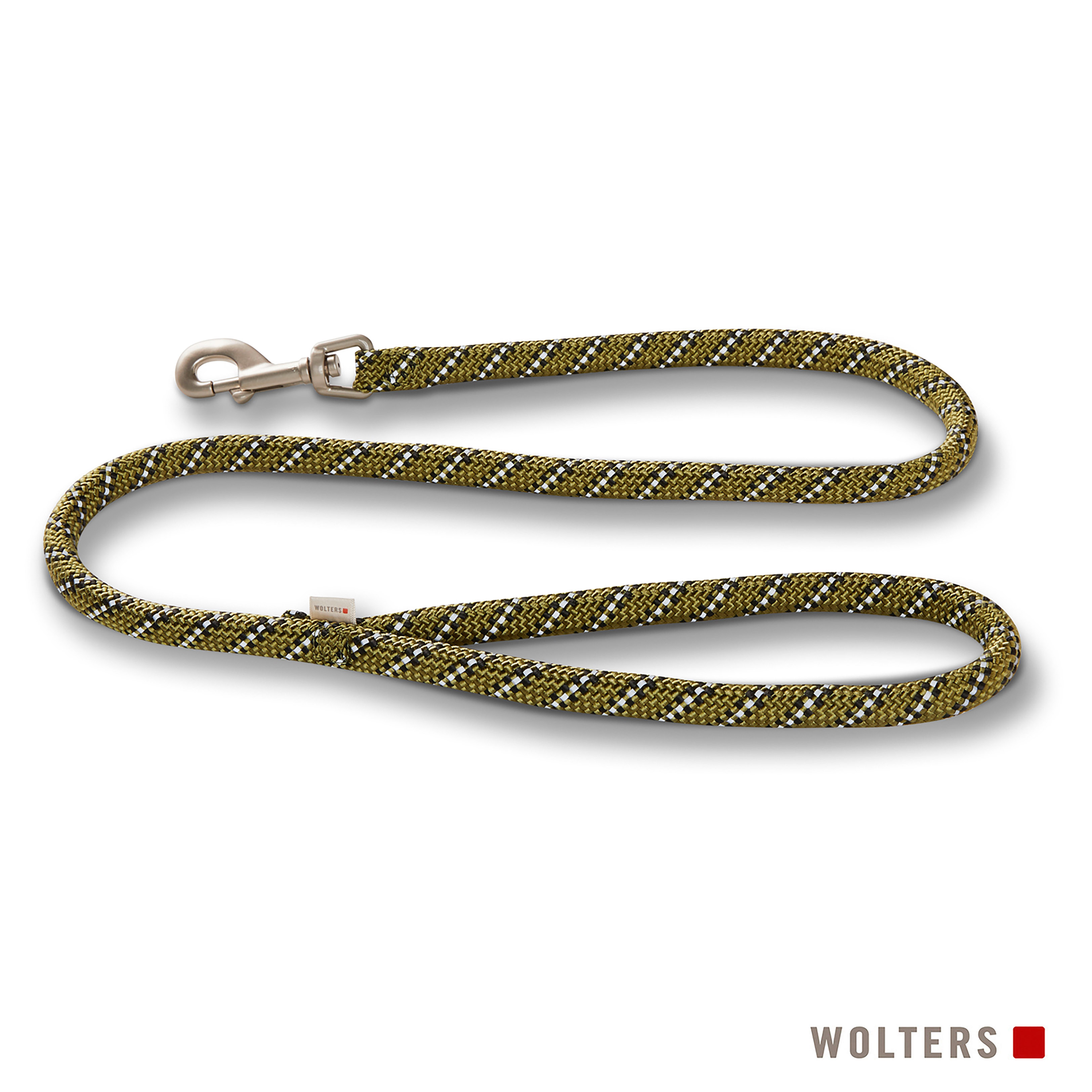 Hundeleine, olivgrün mit weißem und schwarzem Muster, Metallverschluss, weißer Hintergrund. Markenname 'WOLTERS' unten.