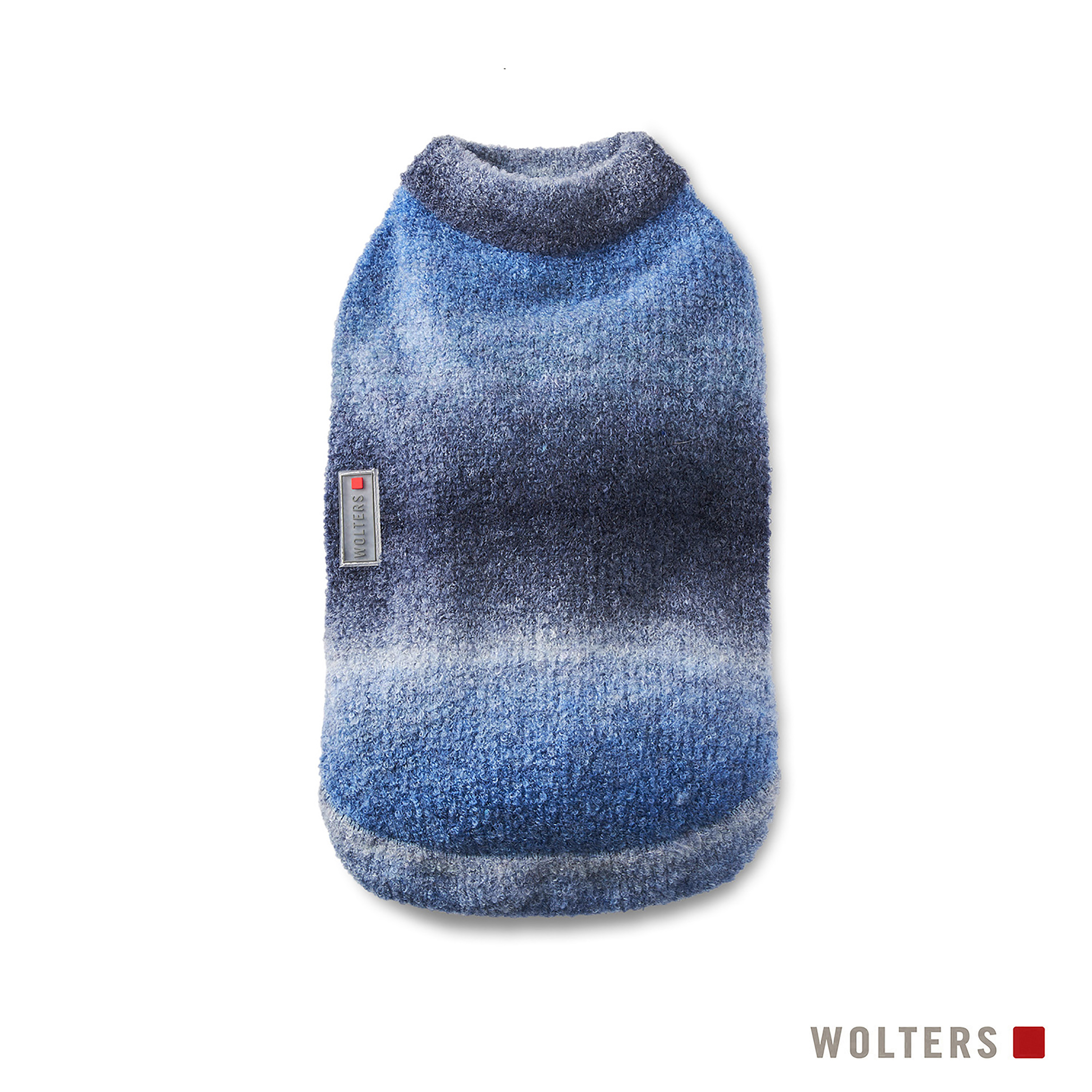 Blauer Hundepullover. Er ist ein strukturierter Strick mit hohem Kragen und einem Wolters-Etikett. Der Hintergrund ist weiß.