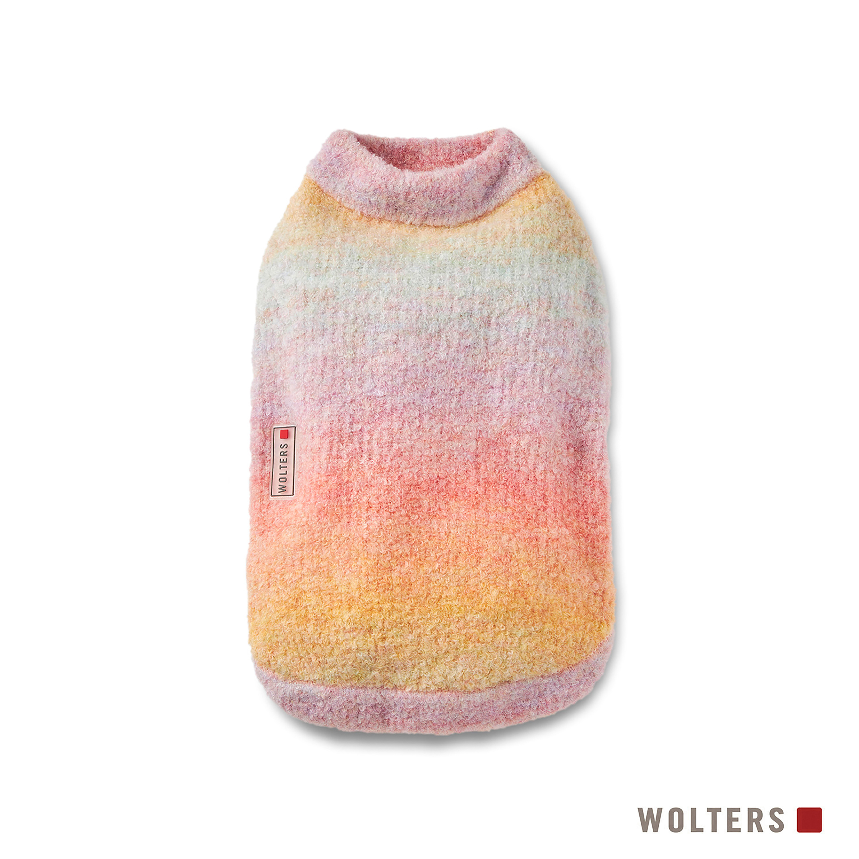 Ein Hundepullover mit Farbverlauf von Gelb nach Rosa. Das Wolters-Markenschild ist sichtbar.