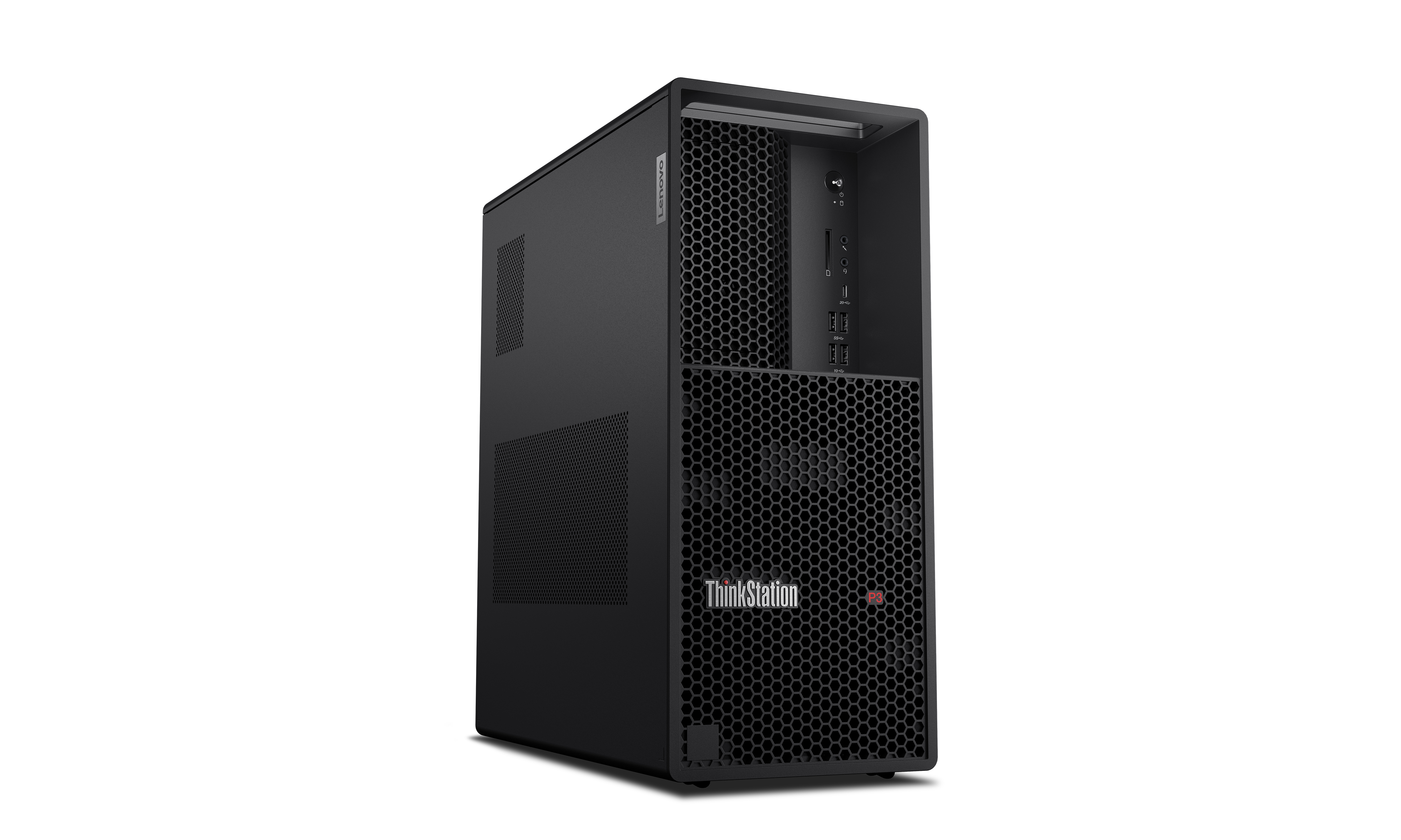 Czarny komputer stacjonarny Lenovo ThinkStation P3. Ma przedni panel z siatki o strukturze plastra miodu i logo Lenovo z boku.
