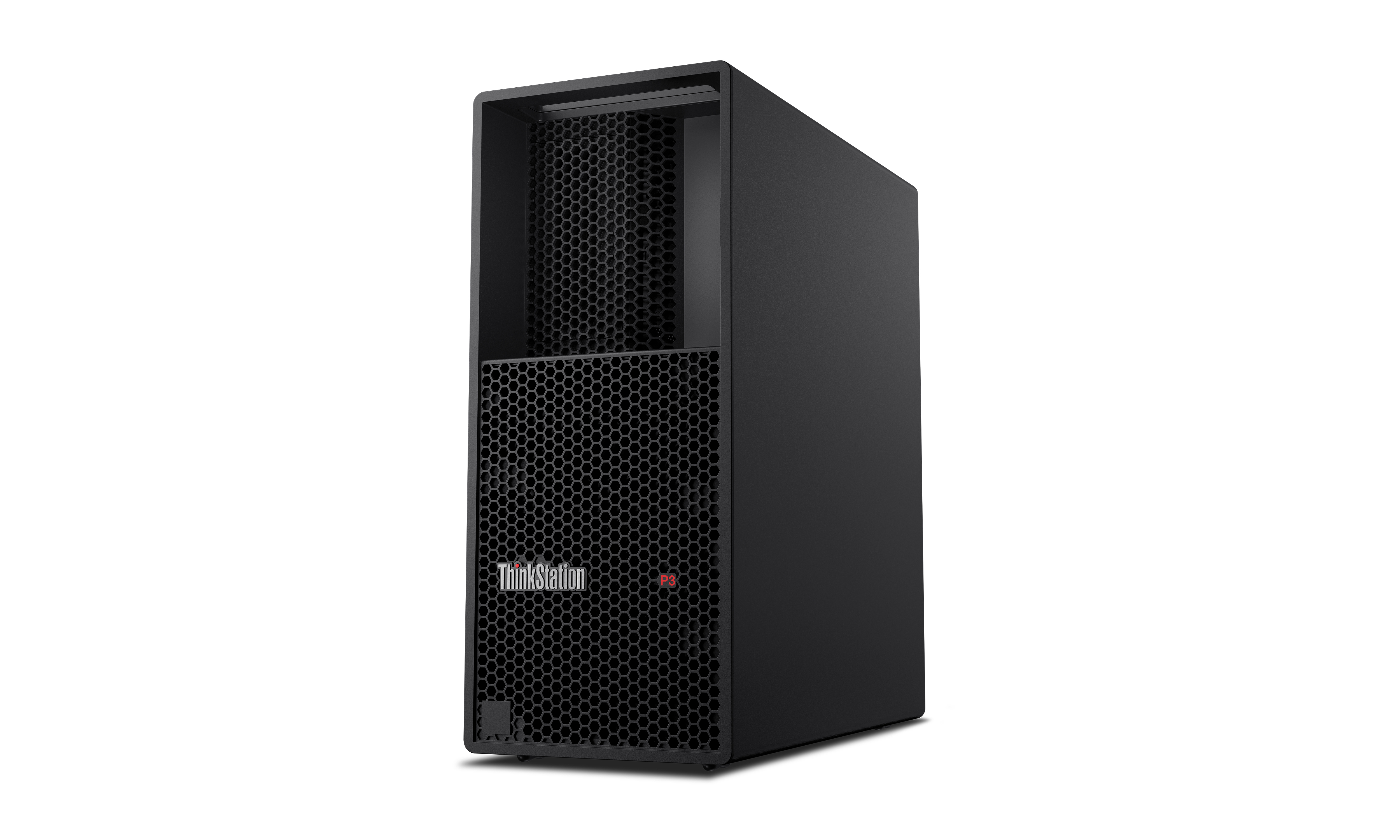 Czarna stacja robocza ThinkStation P3 na białym tle. Ma przedni panel i górne otwory wentylacyjne w kształcie plastra miodu.