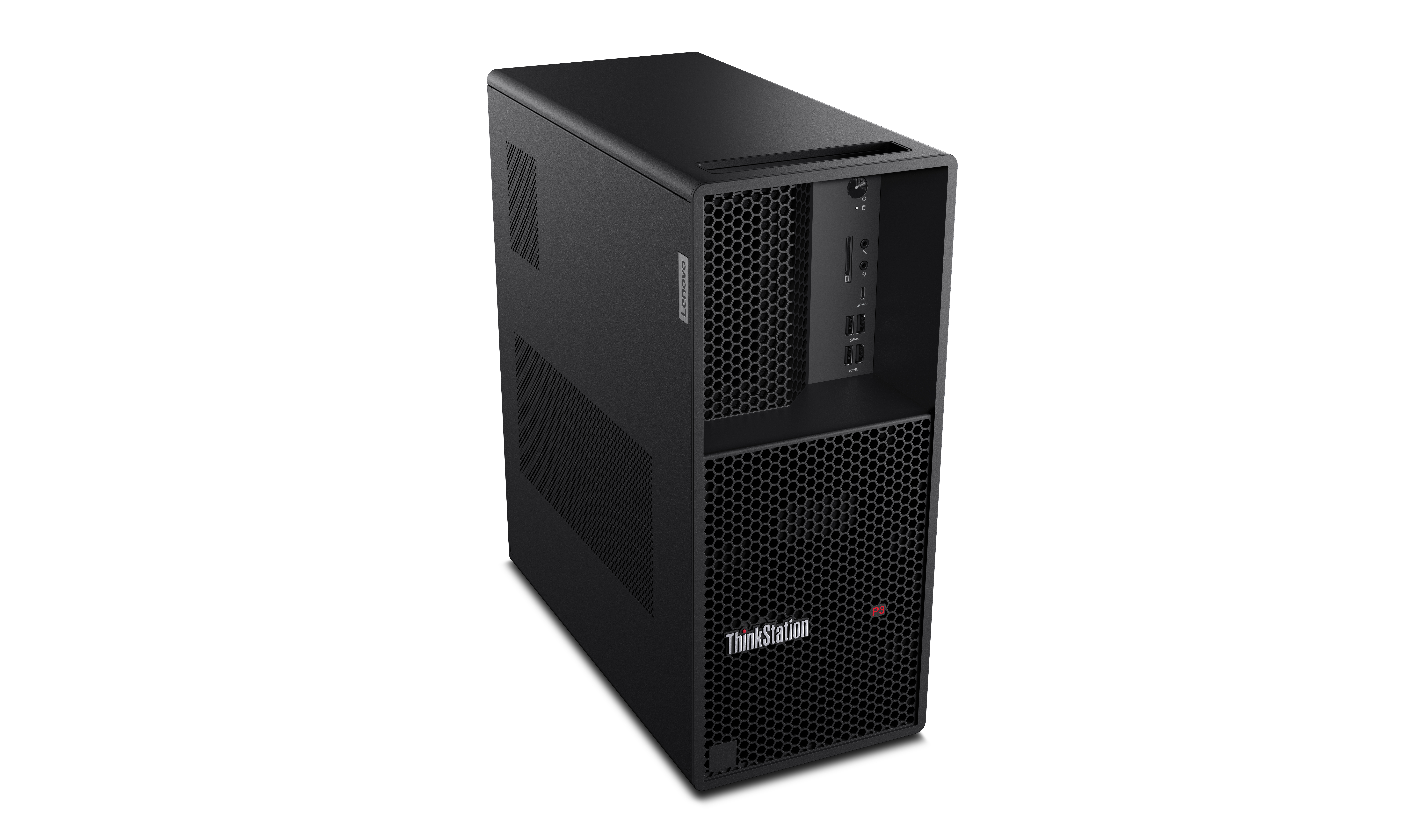 Czarna obudowa komputera Lenovo ThinkStation. Ma przednie i boczne panele o wzorze plastra miodu, z portami i logo Lenovo.
