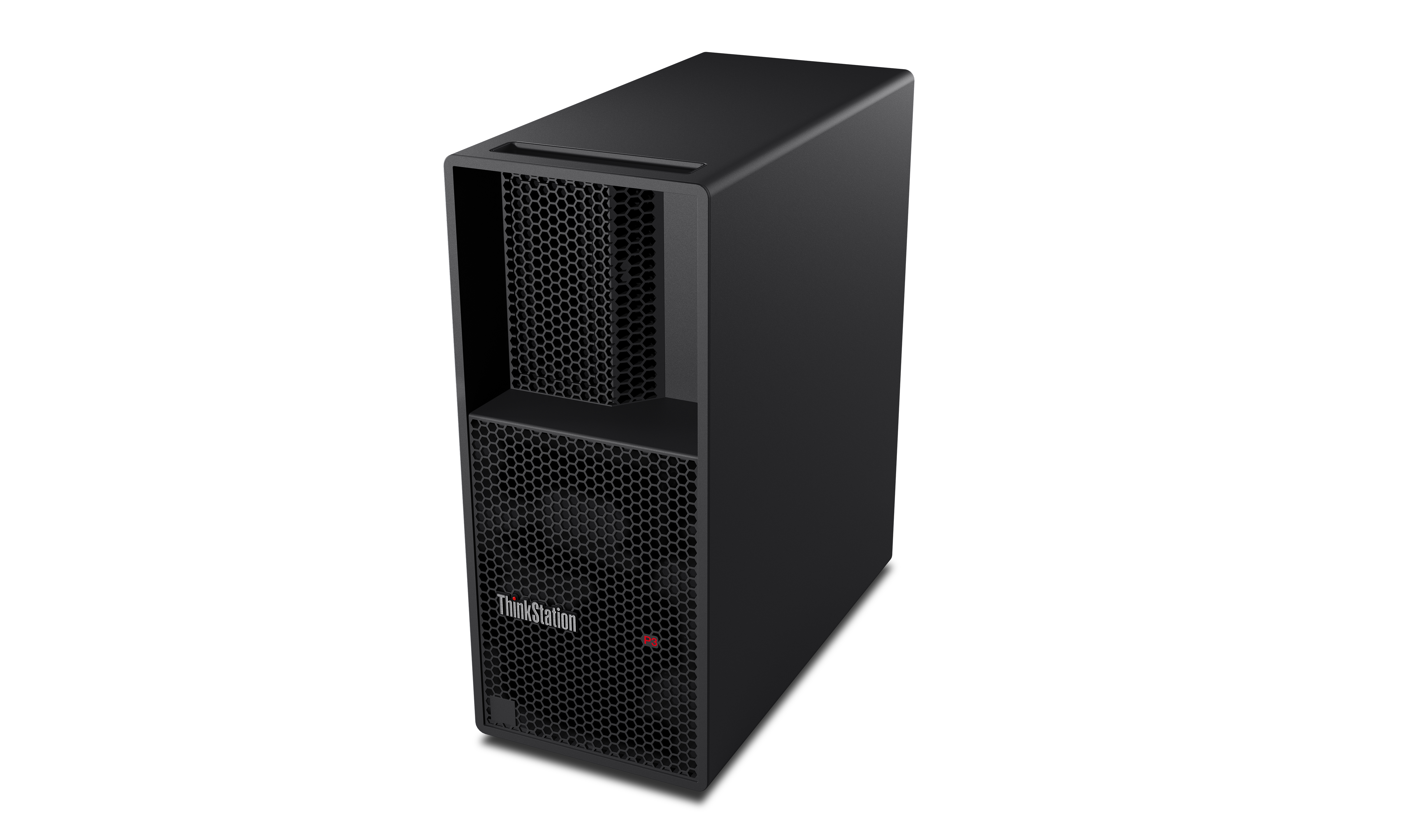 Tour d'ordinateur ThinkStation noire de Lenovo. Elle a un panneau avant en mesh, le logo ThinkStation et un fond blanc.
