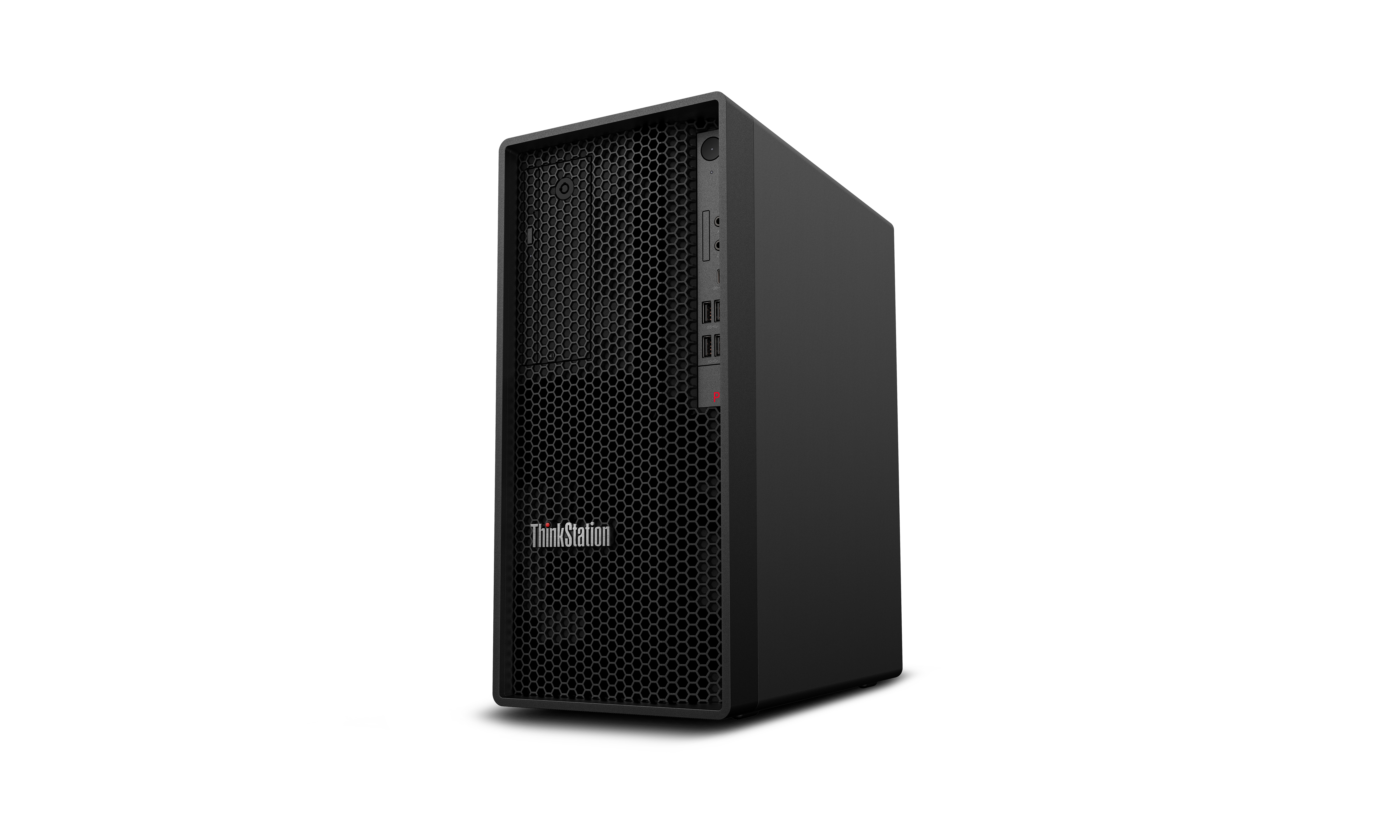 Czarna wieża komputera Lenovo ThinkStation na białym tle. Przód ma wzór plastra miodu. Logo jest widoczne.