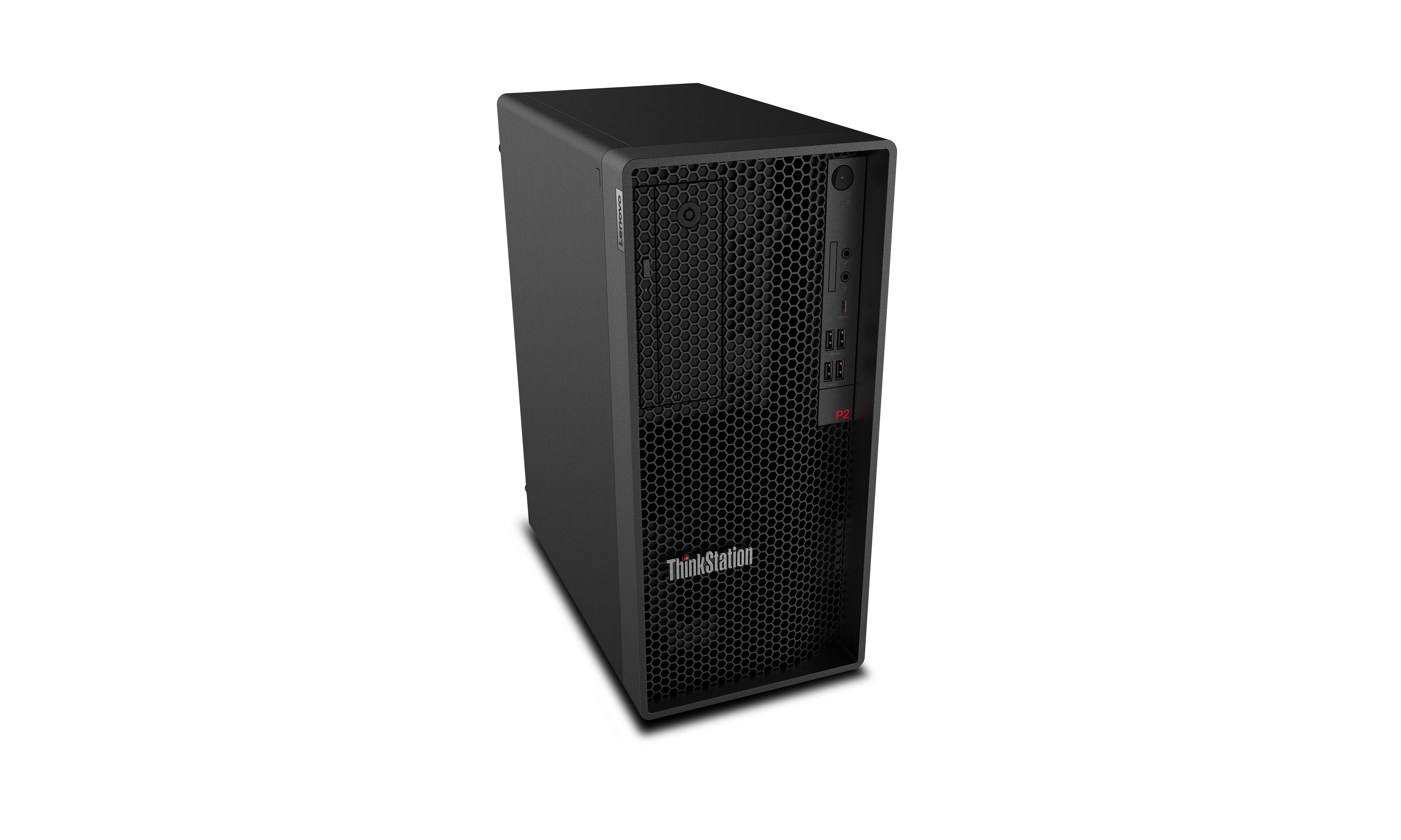 Czarny komputer stacjonarny Lenovo ThinkStation P2. Posiada przedni panel z siatki o strukturze plastra miodu i różne porty. Tło jest białe.