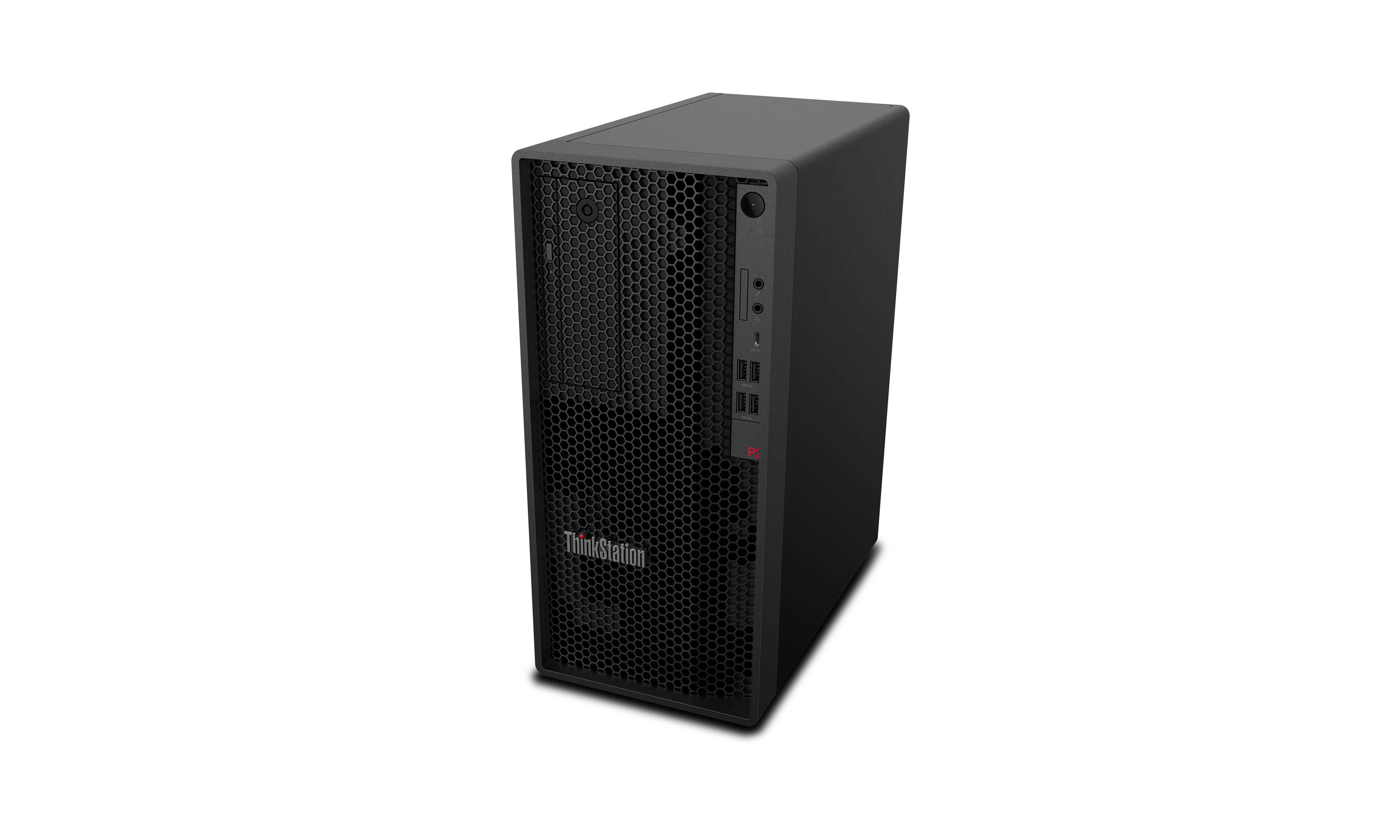 Una torre per computer ThinkStation nera su sfondo bianco. Ha un pannello frontale a nido d'ape e porte laterali.