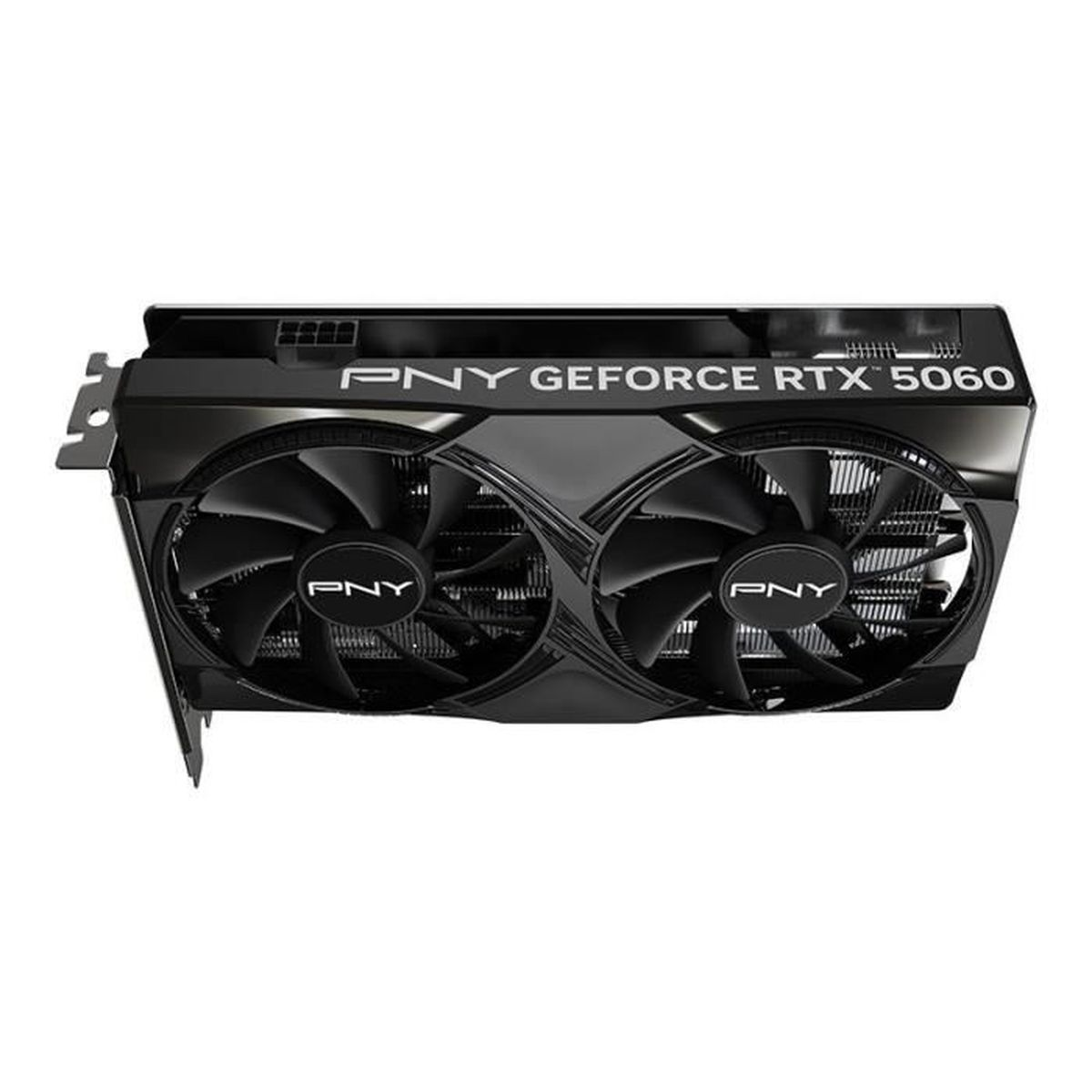 Eine schwarze PNY GeForce RTX 5060 Grafikkarte mit zwei Lüftern wird gezeigt. Das PNY-Logo ist auf den Lüftern zu sehen.