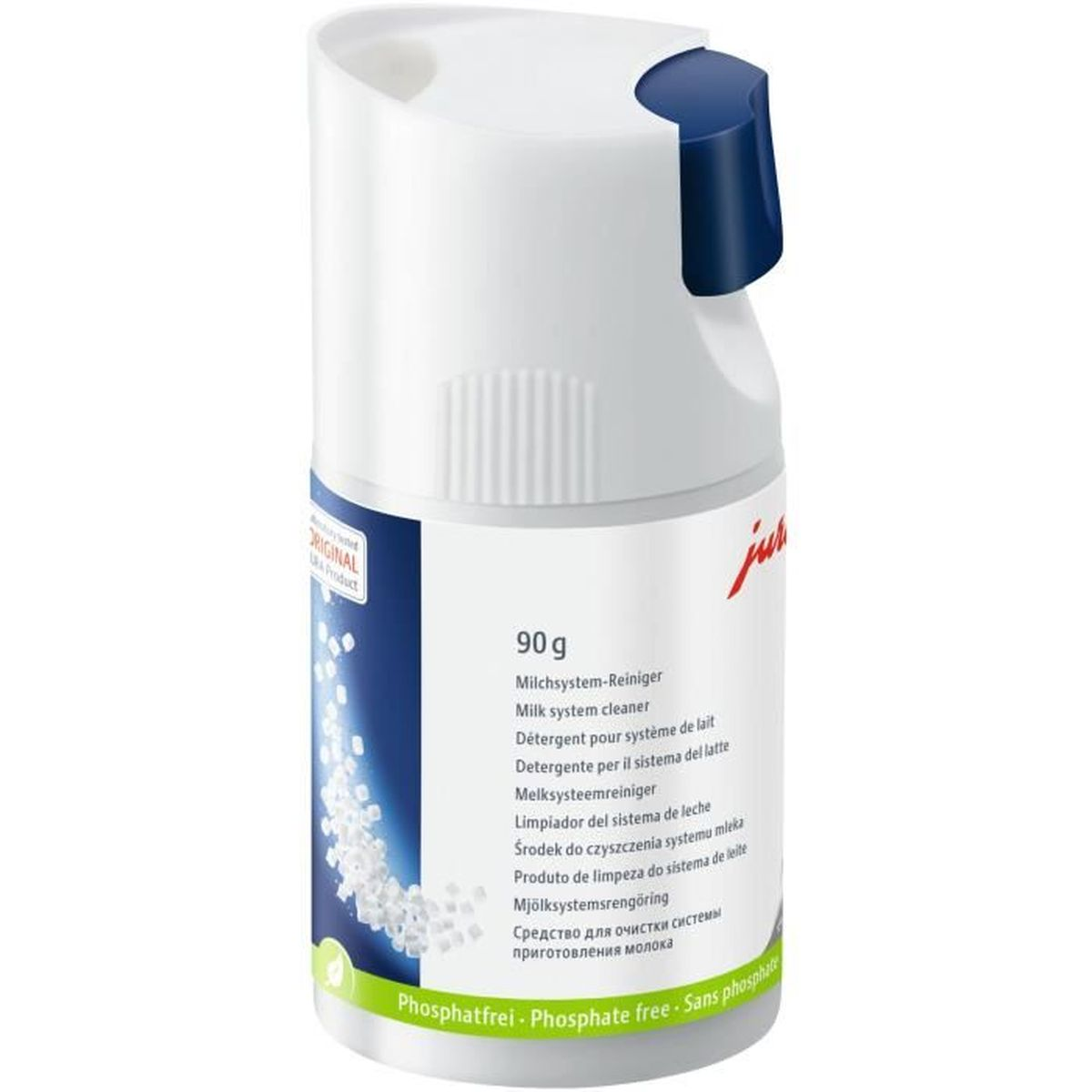 Bottiglia bianca con tappo blu scuro. Il testo include 'Milchsystem-Reiniger' e 'Milk system cleaner'. Etichetta verde in basso.
