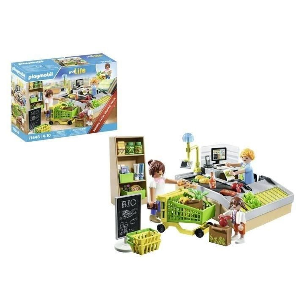 Playmobil-Supermarkt-Set. Enthält Figuren, Einkaufswagen, Regale und Registrierkasse. Das Set enthält Obst, Gemüse und BIO-Produkte.