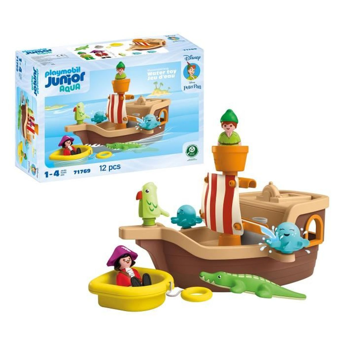Zabawka Playmobil Peter Pan piracki statek. Zawiera postacie, łódź, krokodyla i inne akcesoria. Pudełko również znajduje się na zdjęciu.