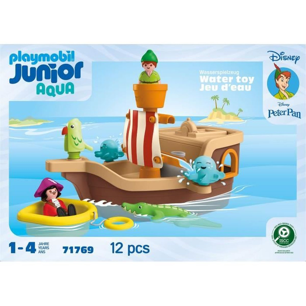 Zestaw zabawek wodnych Playmobil Junior Aqua Peter Pan. Zawiera łódź, figurki, krokodyla i małą łódź. Widoczne logo Disneya.