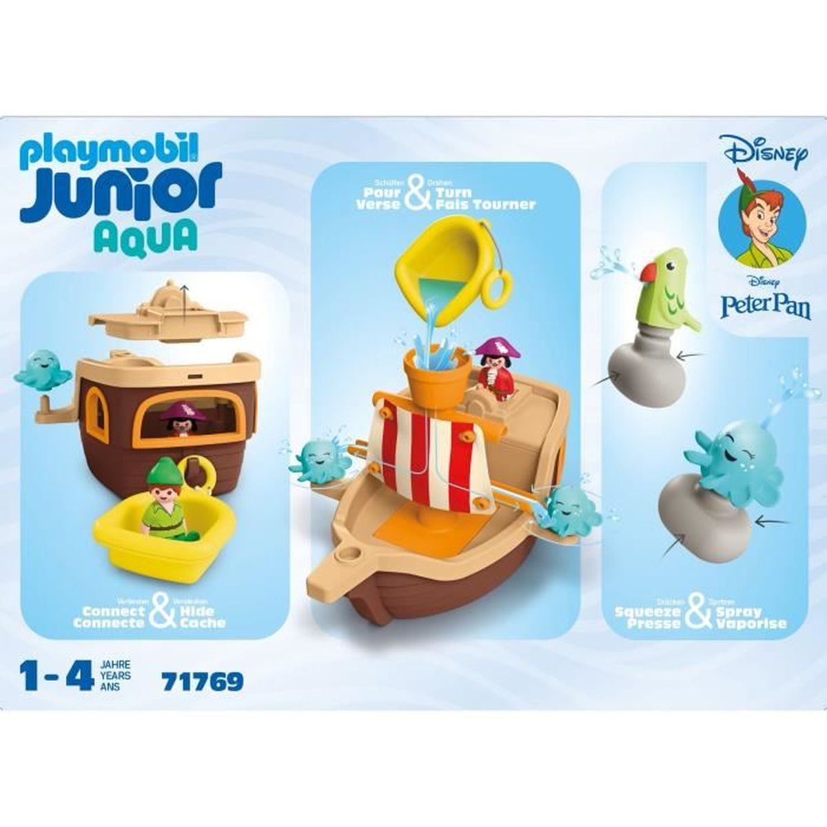 Zestaw Playmobil Junior Aqua. Zabawkowa łódź z motywem Piotrusia Pana. Zawiera figurki, elementy wodne i żółty kubek wylewający wodę.